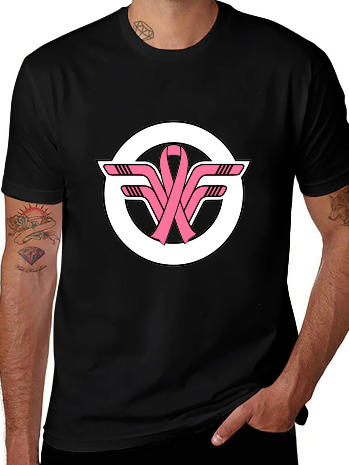 Variant 15 of Black T-Shirt with Pink Ribbon Hockey Sticks Logo
