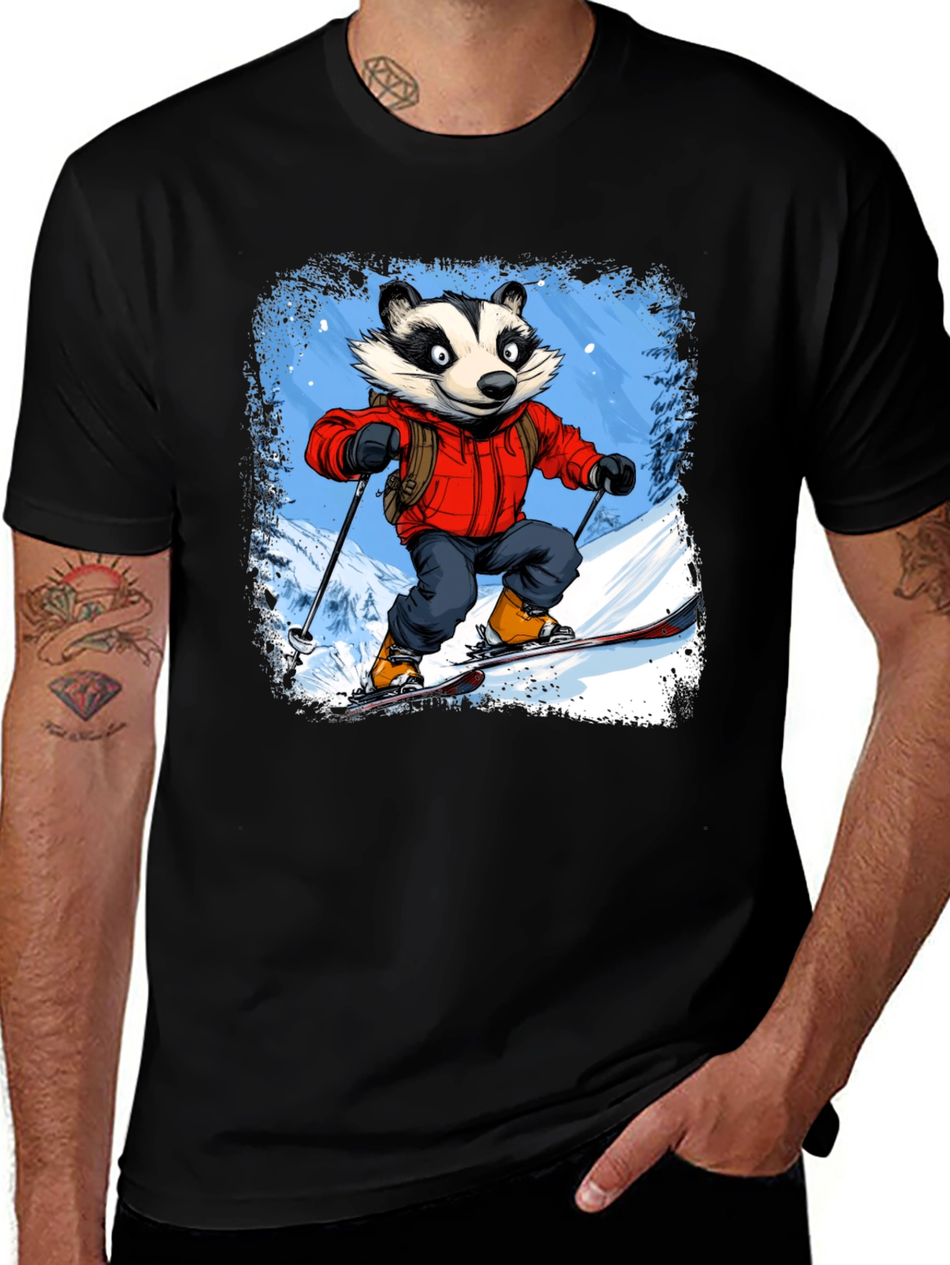 Skiing Badger Graphic Tee - Black Cotton Blend
