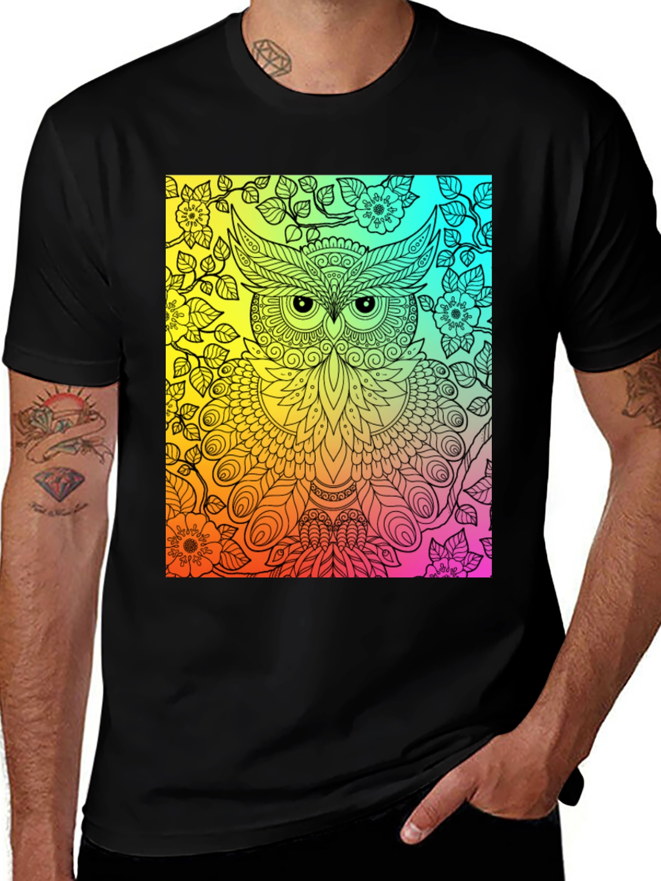 Variant 4 of Rainbow Owl Graphic Tee - Men's Black T-Shirt