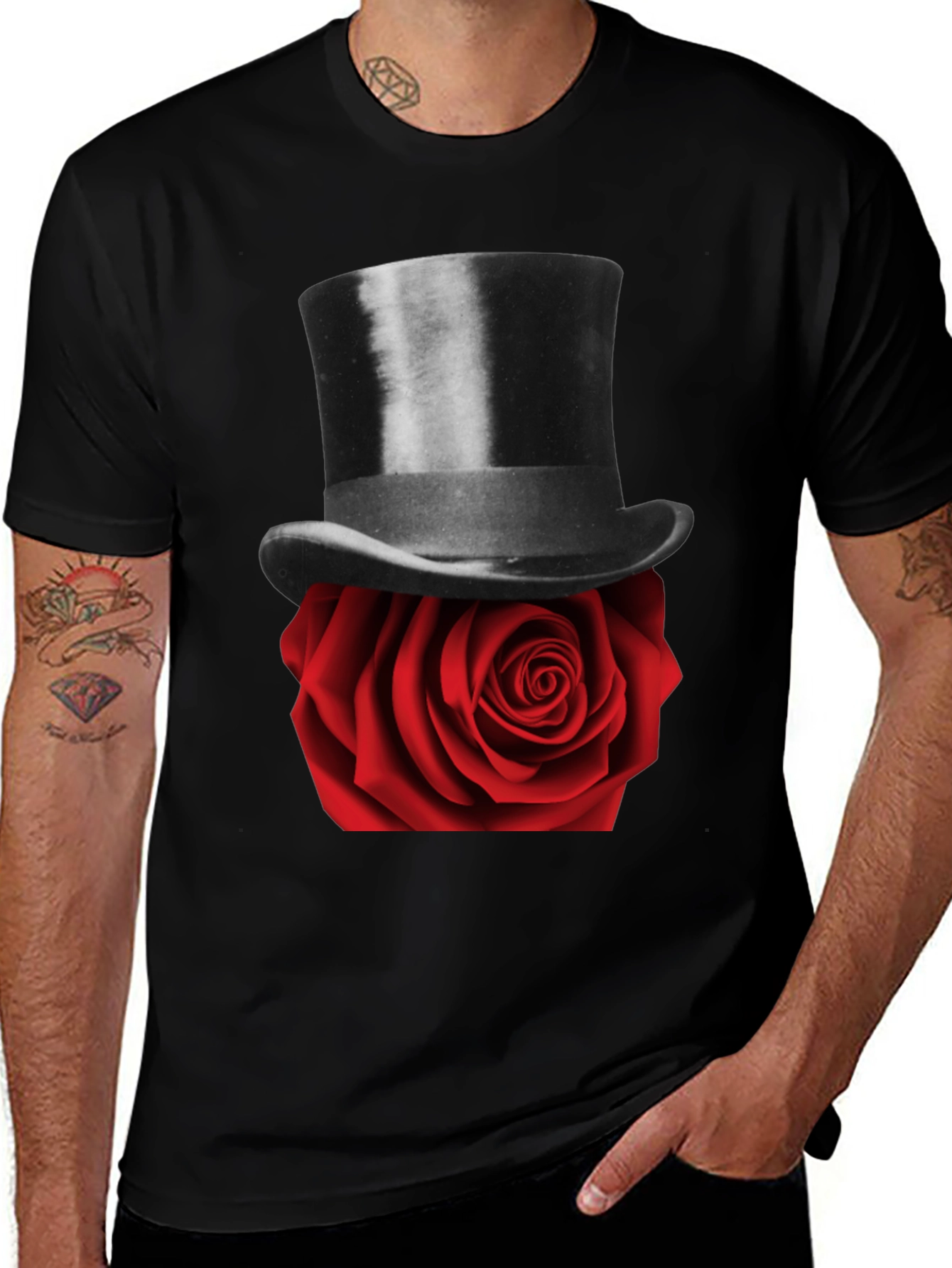 Variant 11 of Rose Top Hat Graphic Tee - Stylish Black T-Shirt