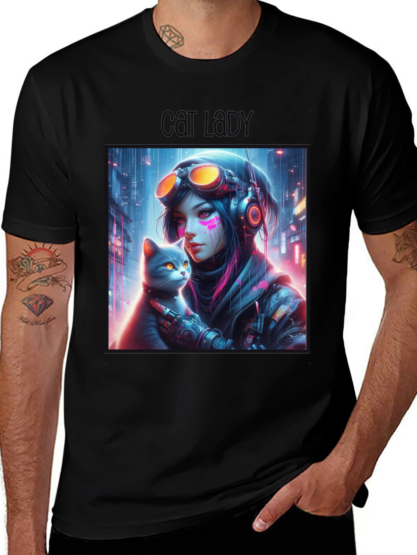 Variant 13 of Cyberpunk Cat Lady Graphic Tee