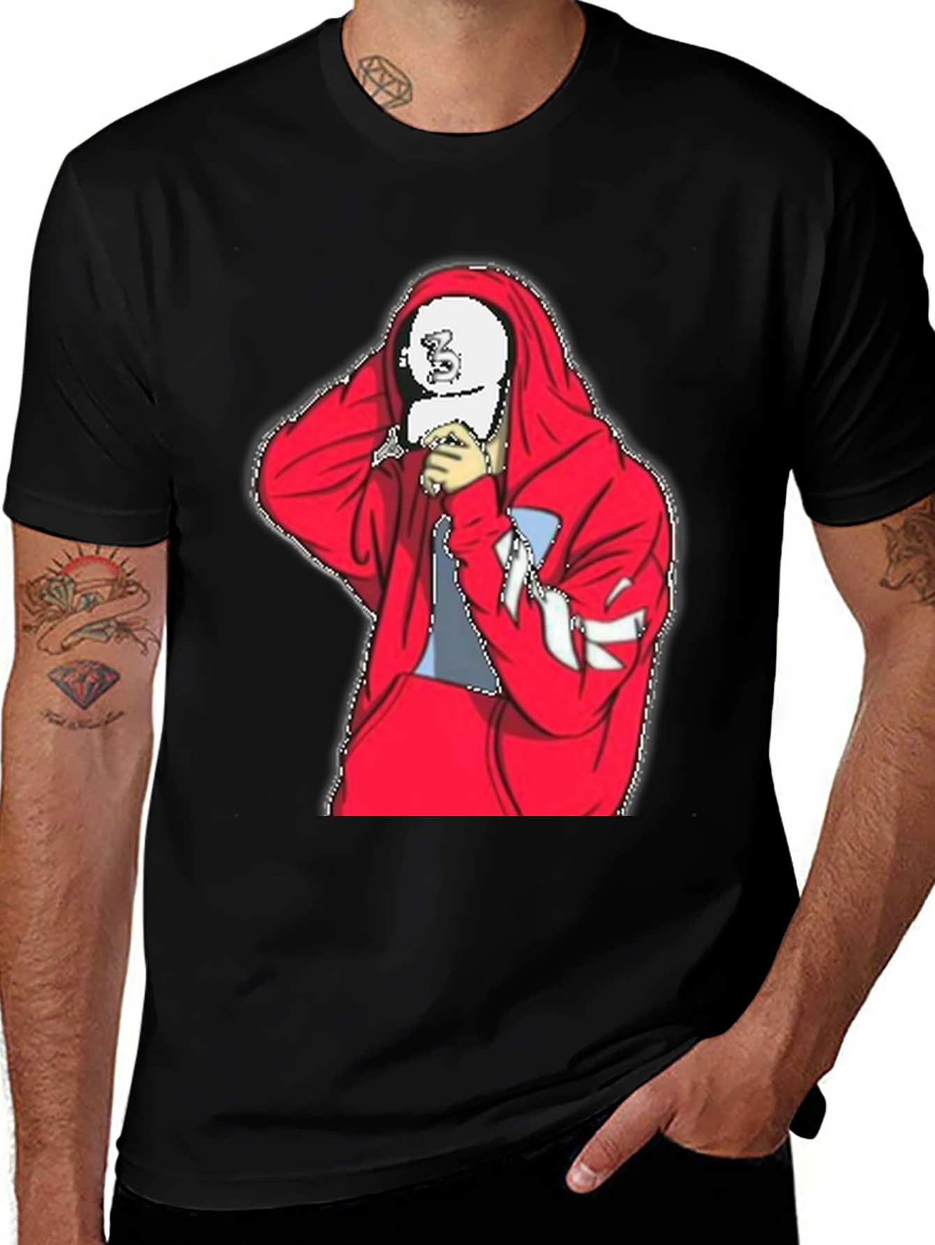 Variant 12 of Black T-Shirt with Red Hoodie Cartoon Graphic