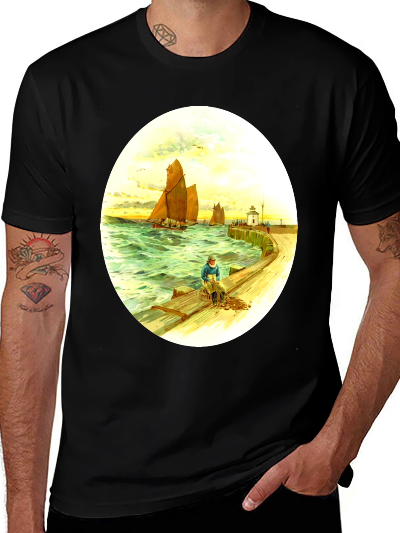 Vintage Nautical Art T-Shirt - Fisherman at Sea