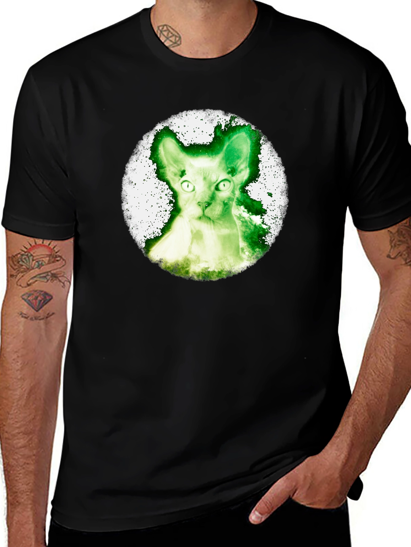 Variant 14 of Green Cat Graphic Tee - Black Cotton Shirt