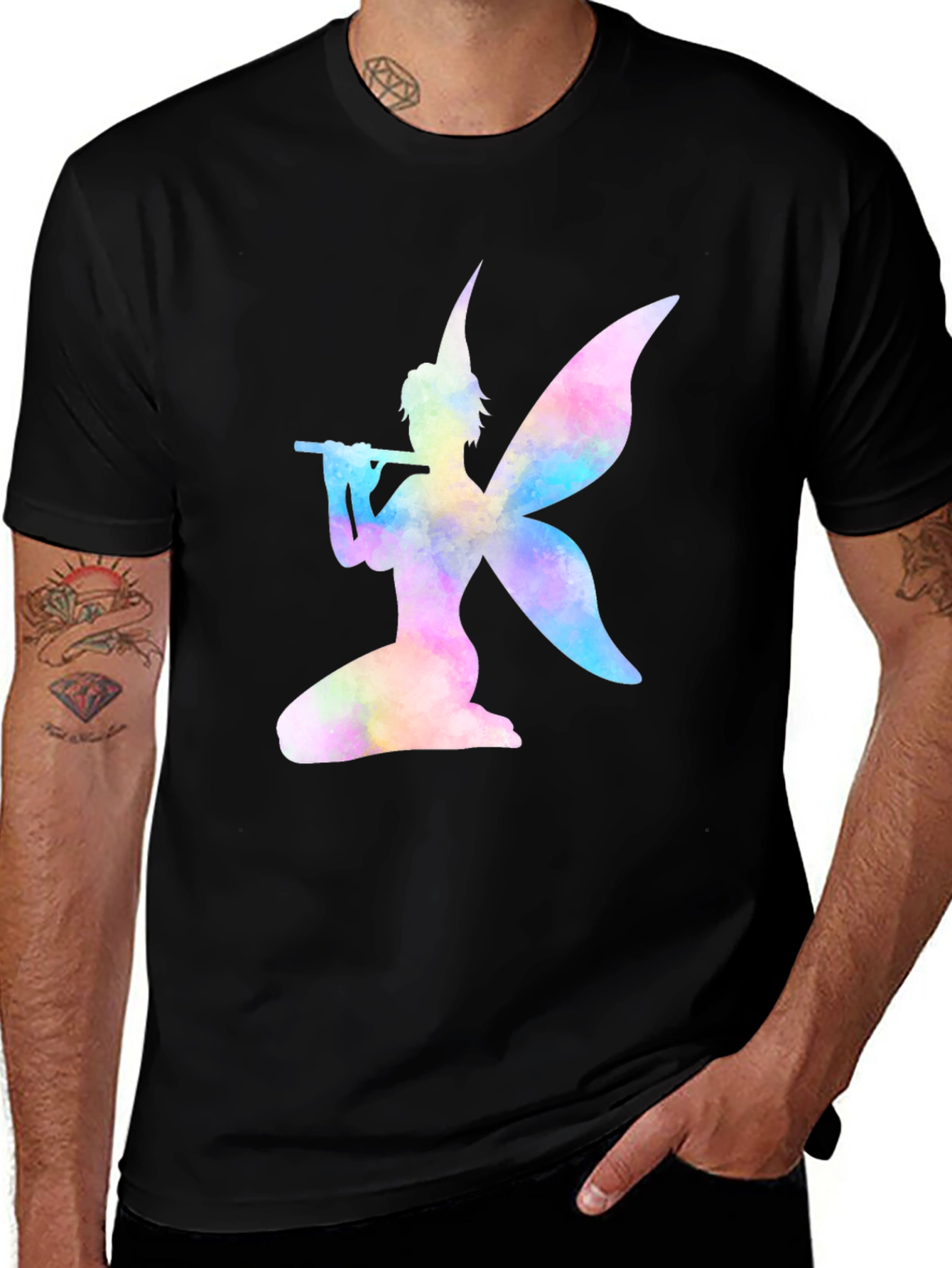 Variant 21 of Fairy Flute Player Graphic Tee - Stylish Black T-Shirt