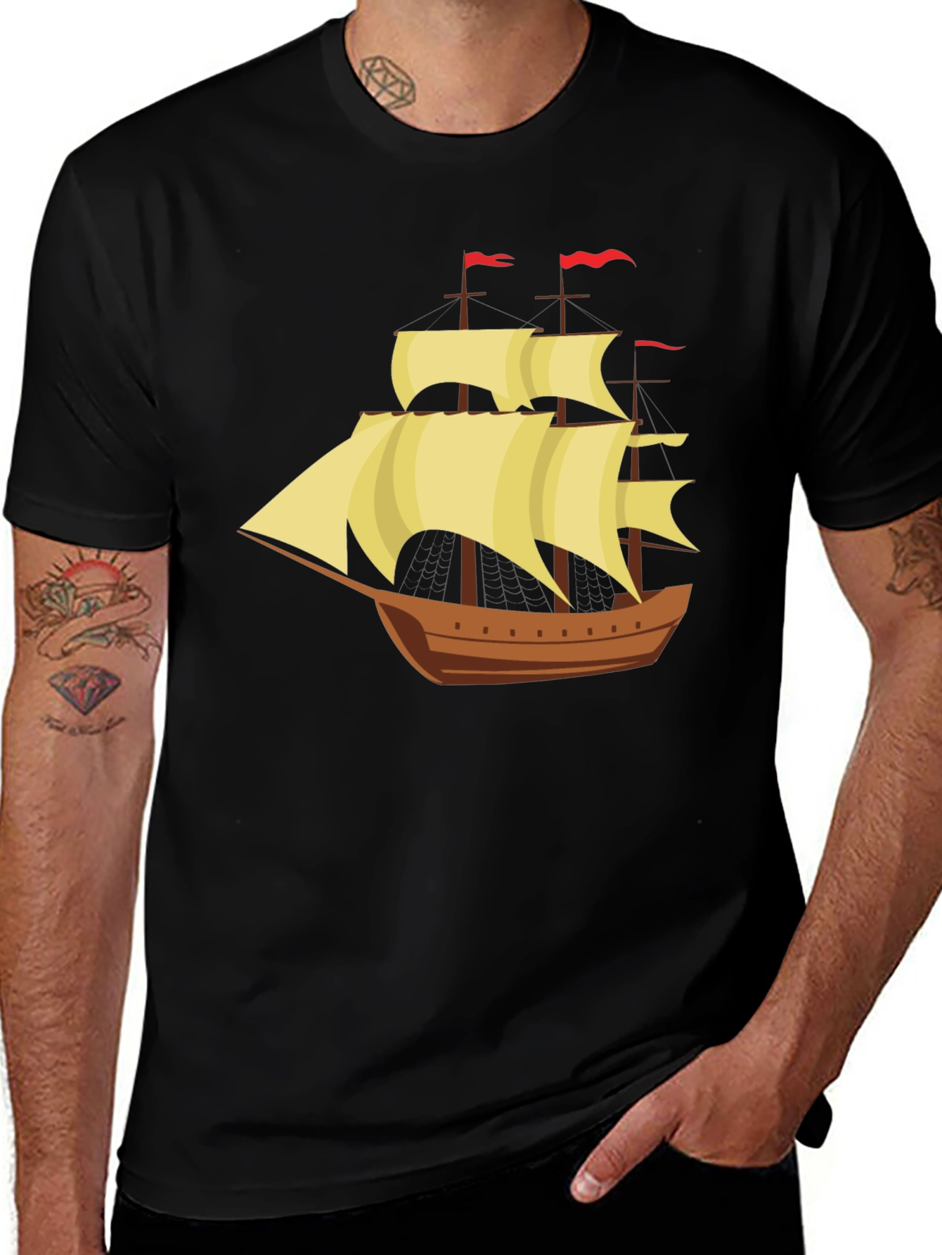 Variant 13 of Vintage Sailing Ship Graphic Tee - Black Cotton T-Shirt