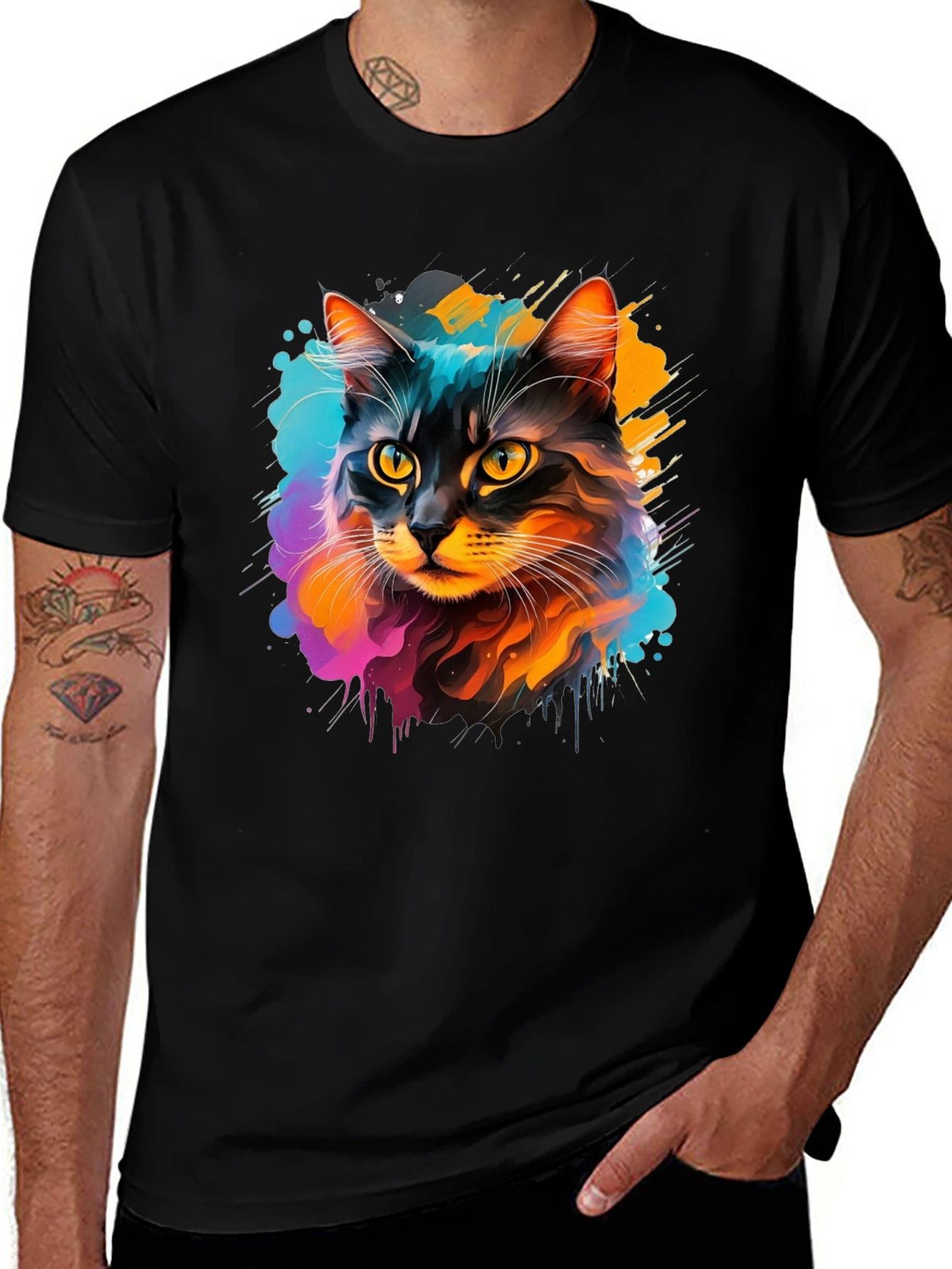 Variant 2 of Artistic Cat Graphic Tee - Black Cotton Comfort