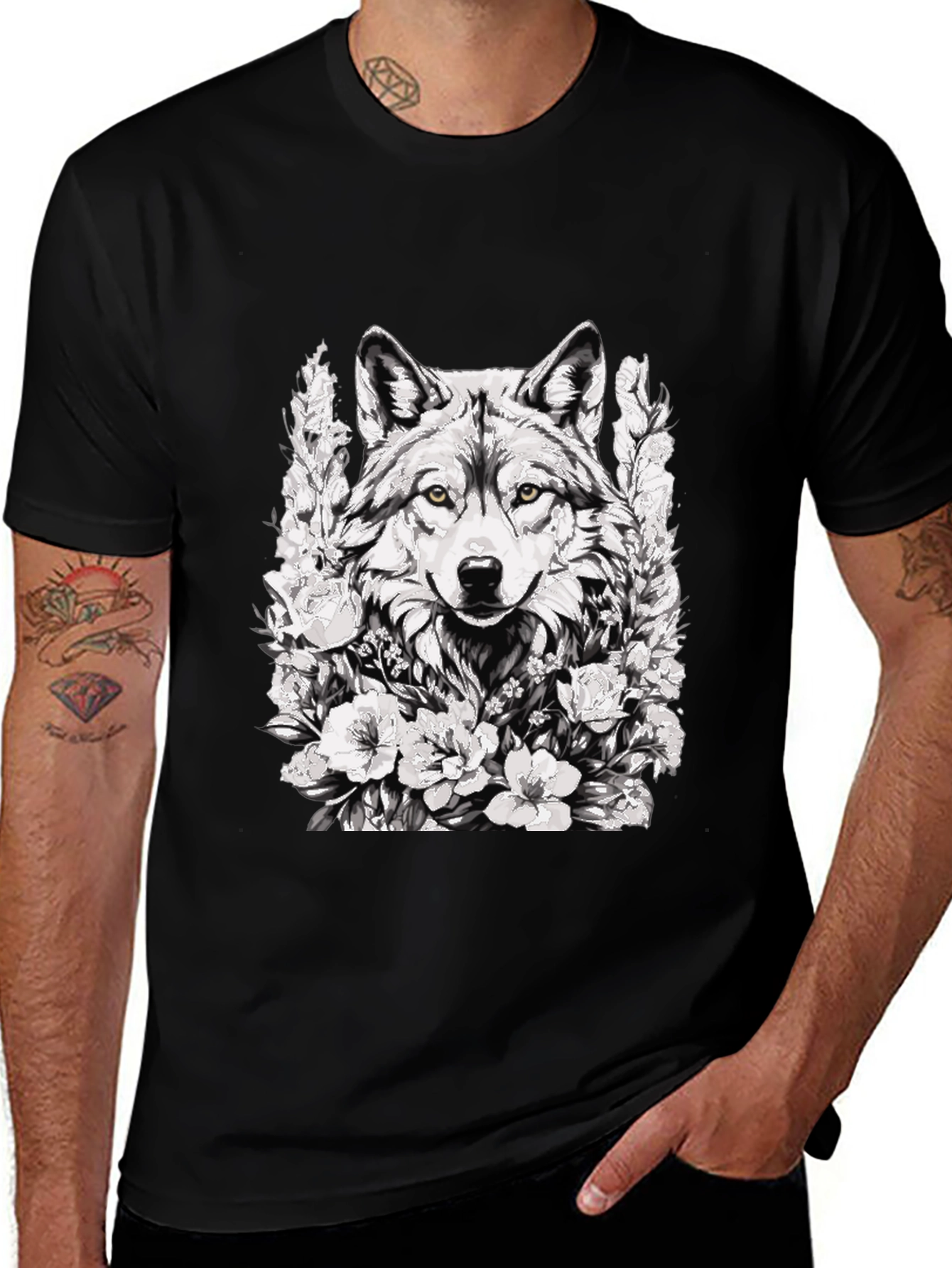 Variant 15 of Wolf and Floral Graphic Print Tee