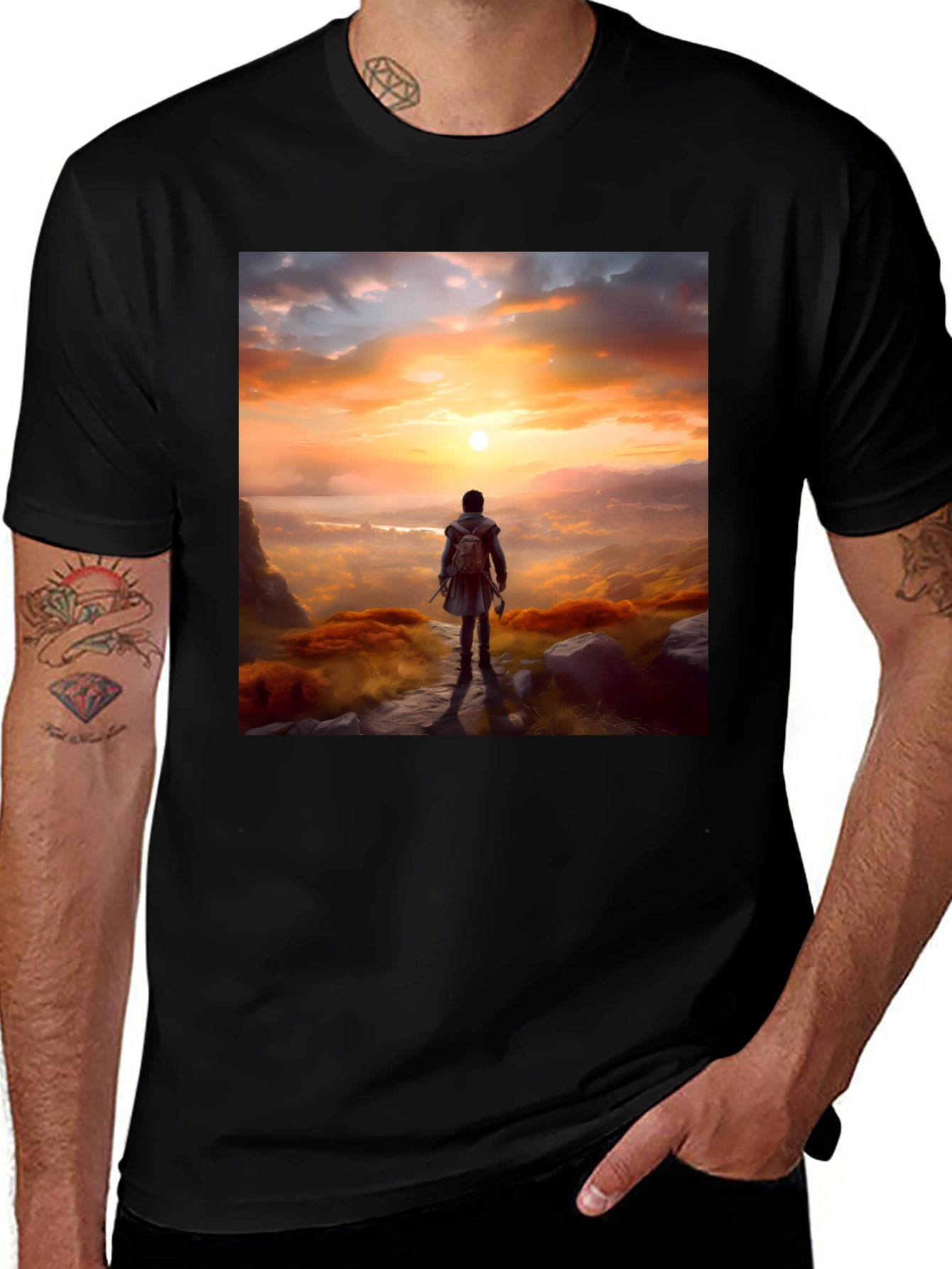 Variant 22 of Sunset Hiker Graphic Tee - Black Cotton Casual Shirt