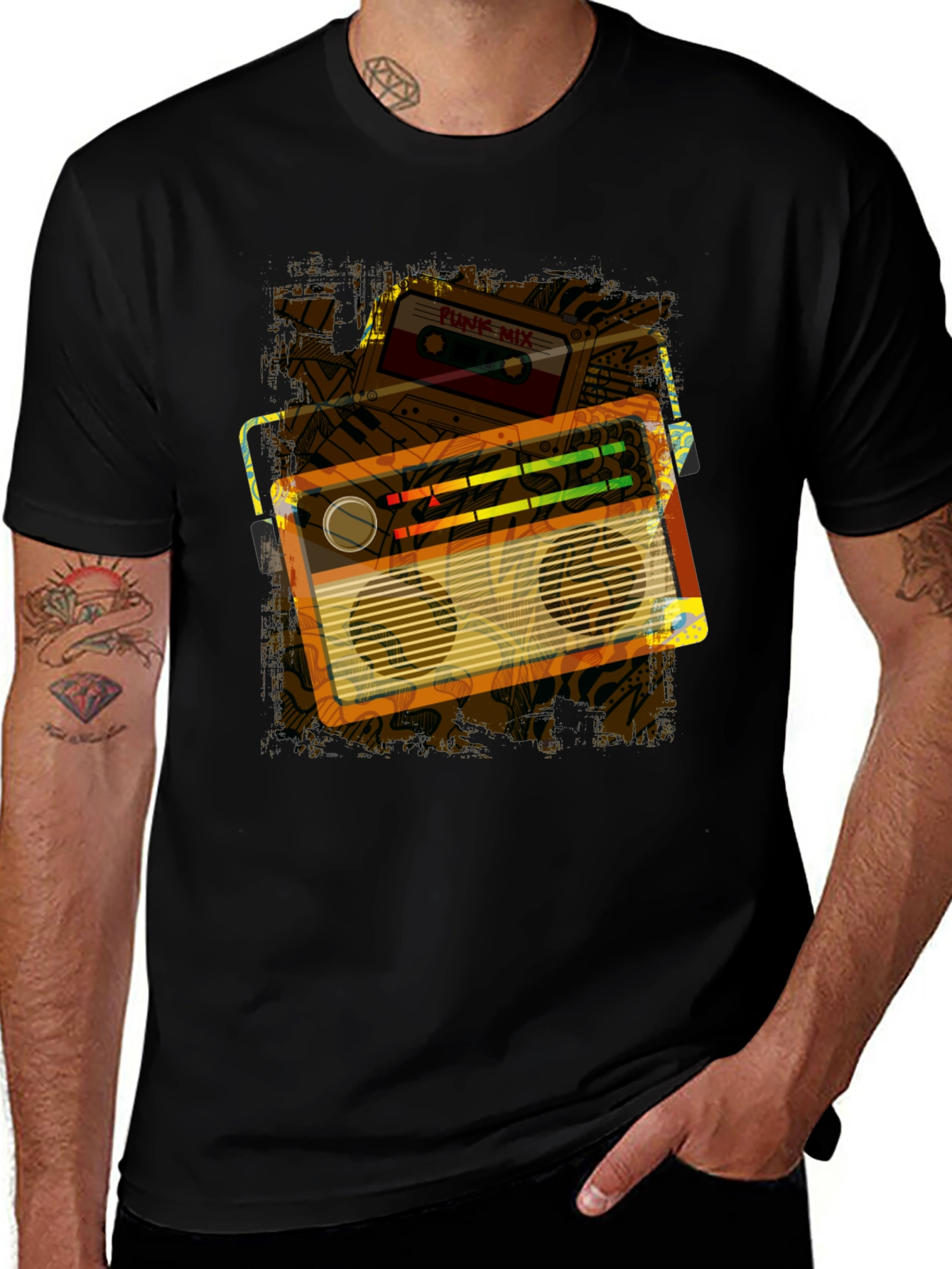 Variant 12 of Retro Boombox & Cassette Graphic Tee - Black