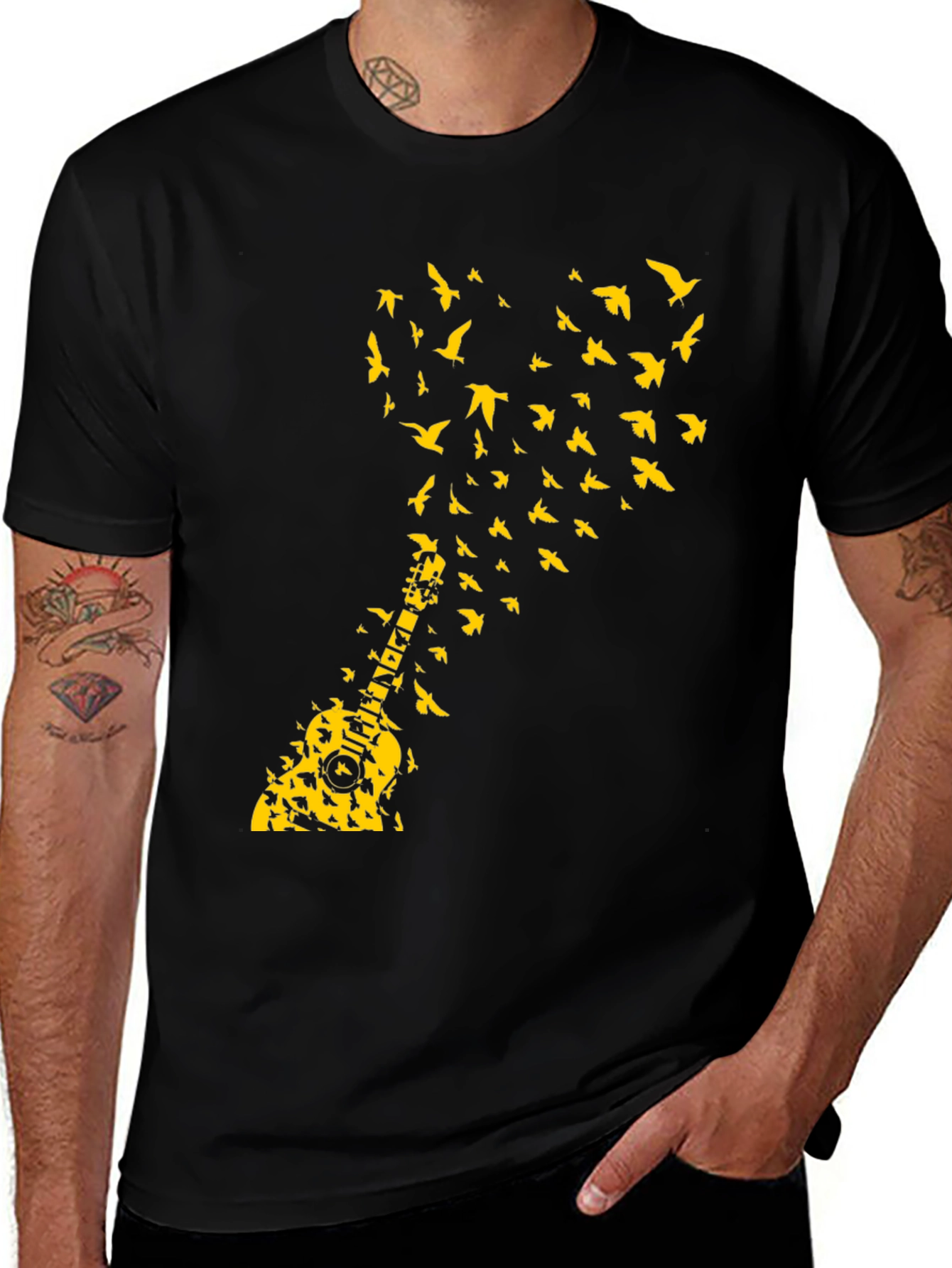 Variant 22 of Guitar Bird Graphic Tee - Black Cotton T-Shirt