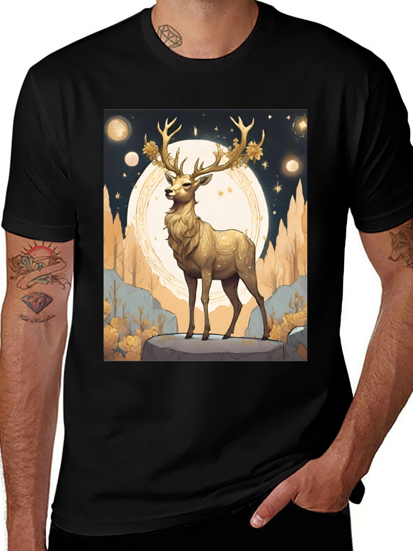 Variant 14 of Golden Deer Graphic Tee - Celestial Stag Design