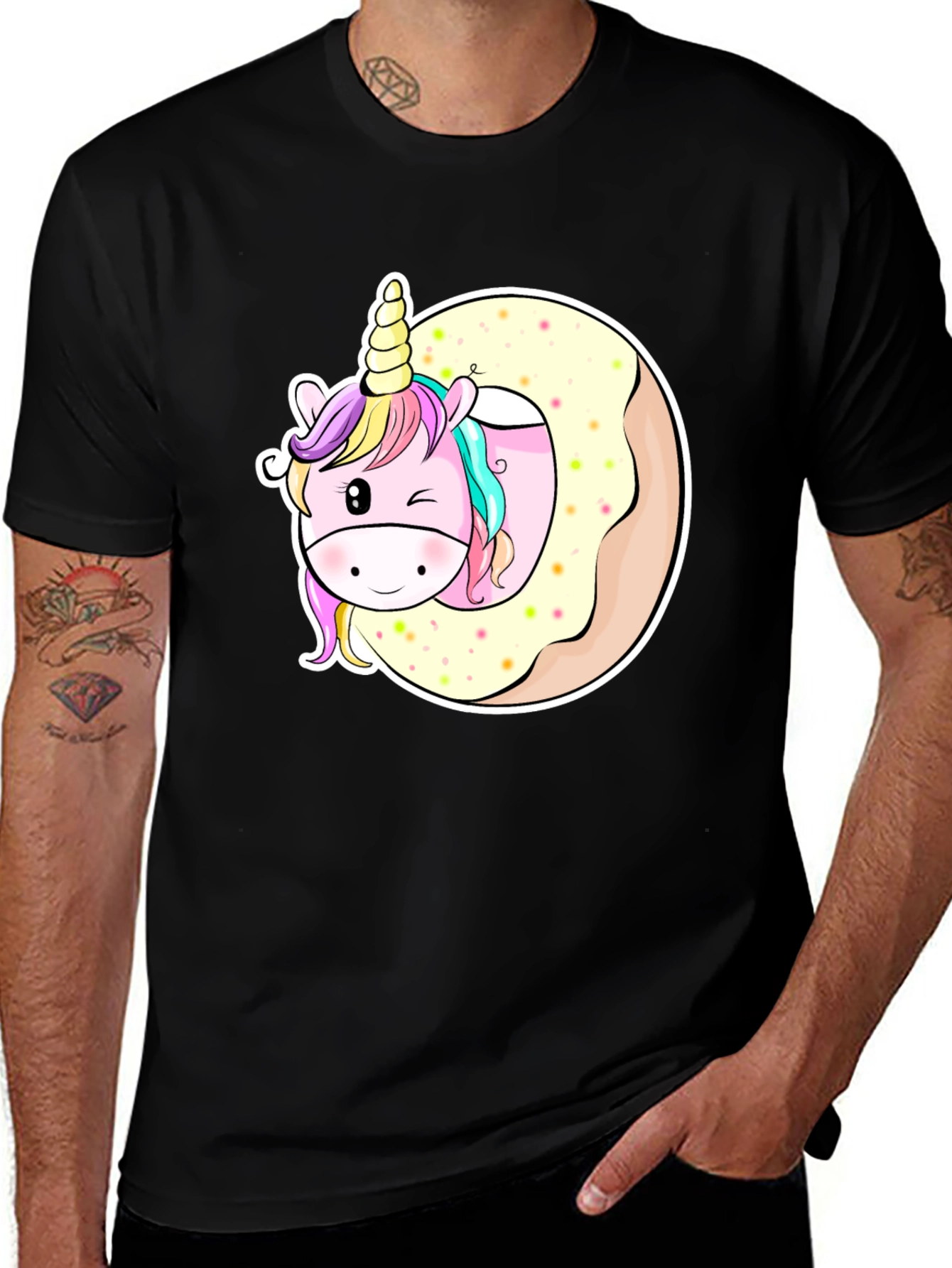 Variant 19 of Unicorn Donut Graphic T-Shirt - Black Cotton Tee