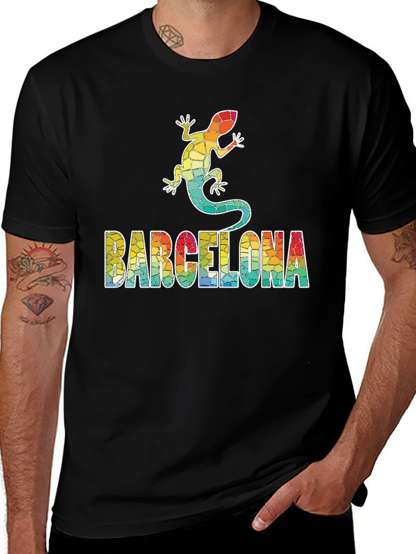 Variant 11 of Barcelona Mosaic Lizard Graphic Tee - Stylish Black T-Shirt