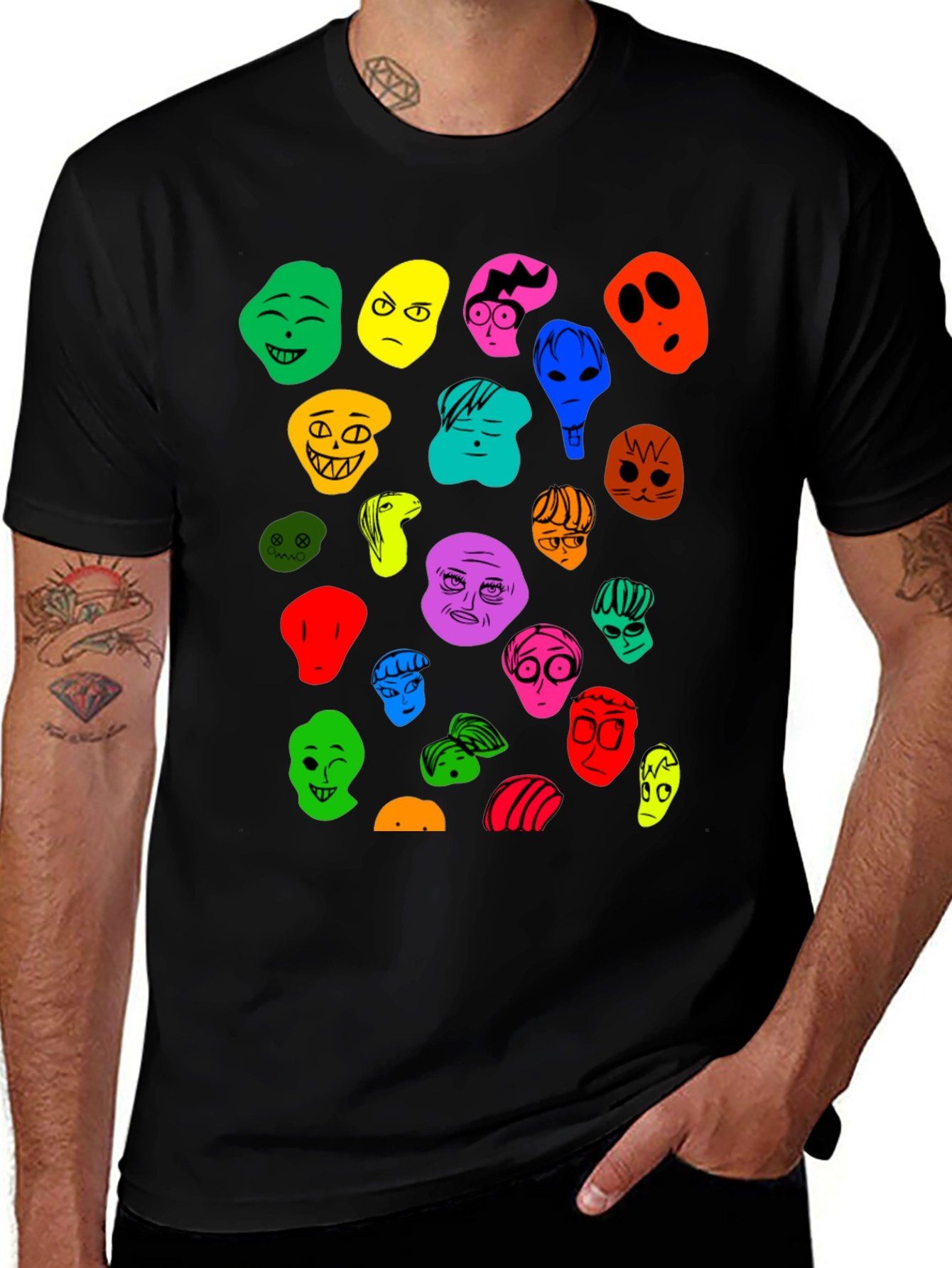 Variant 21 of Funky Faces Black Graphic Tee - Unique Design!