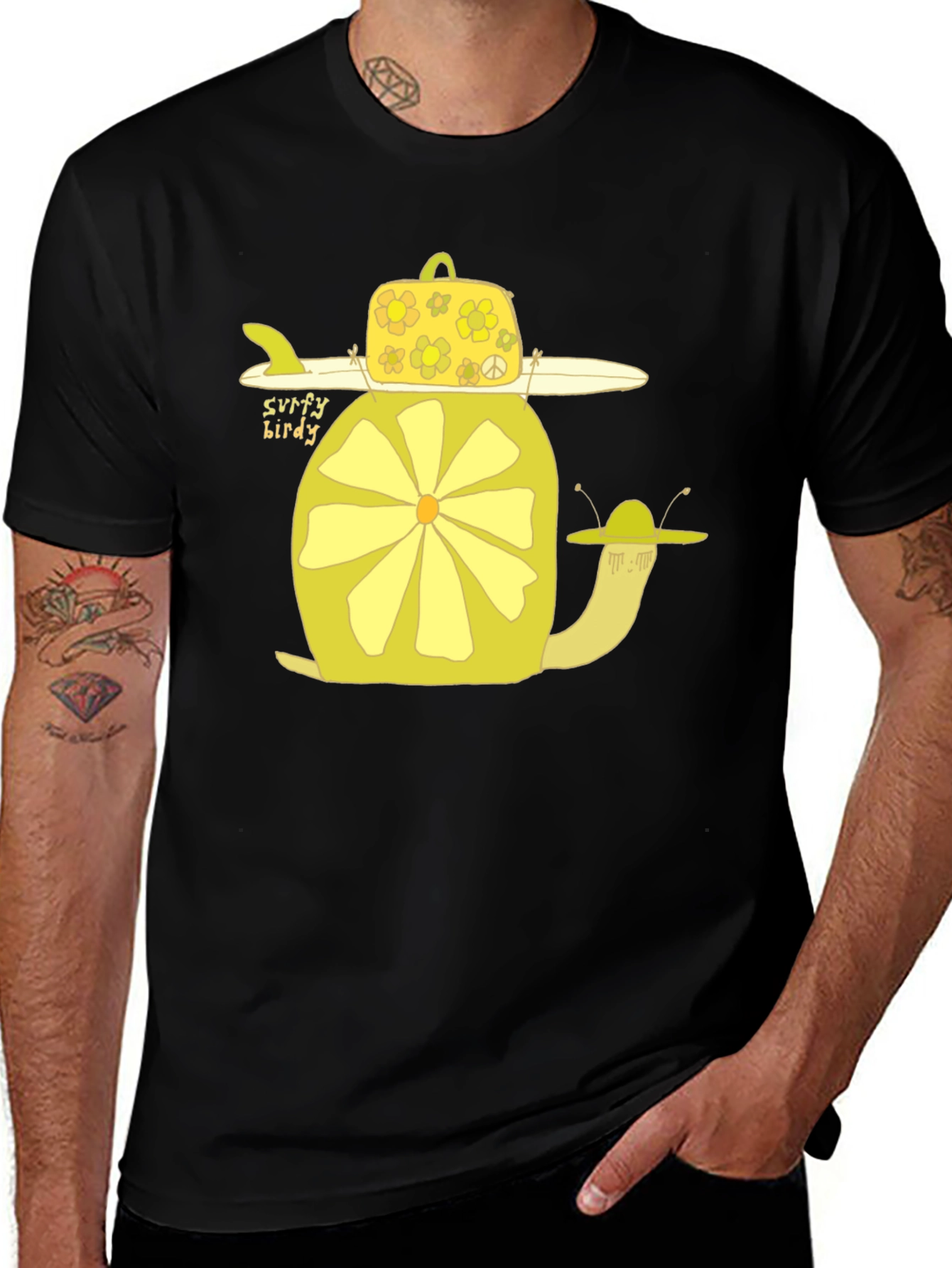 Surfy Birdy T-Shirt - Funky Yellow Snail Design