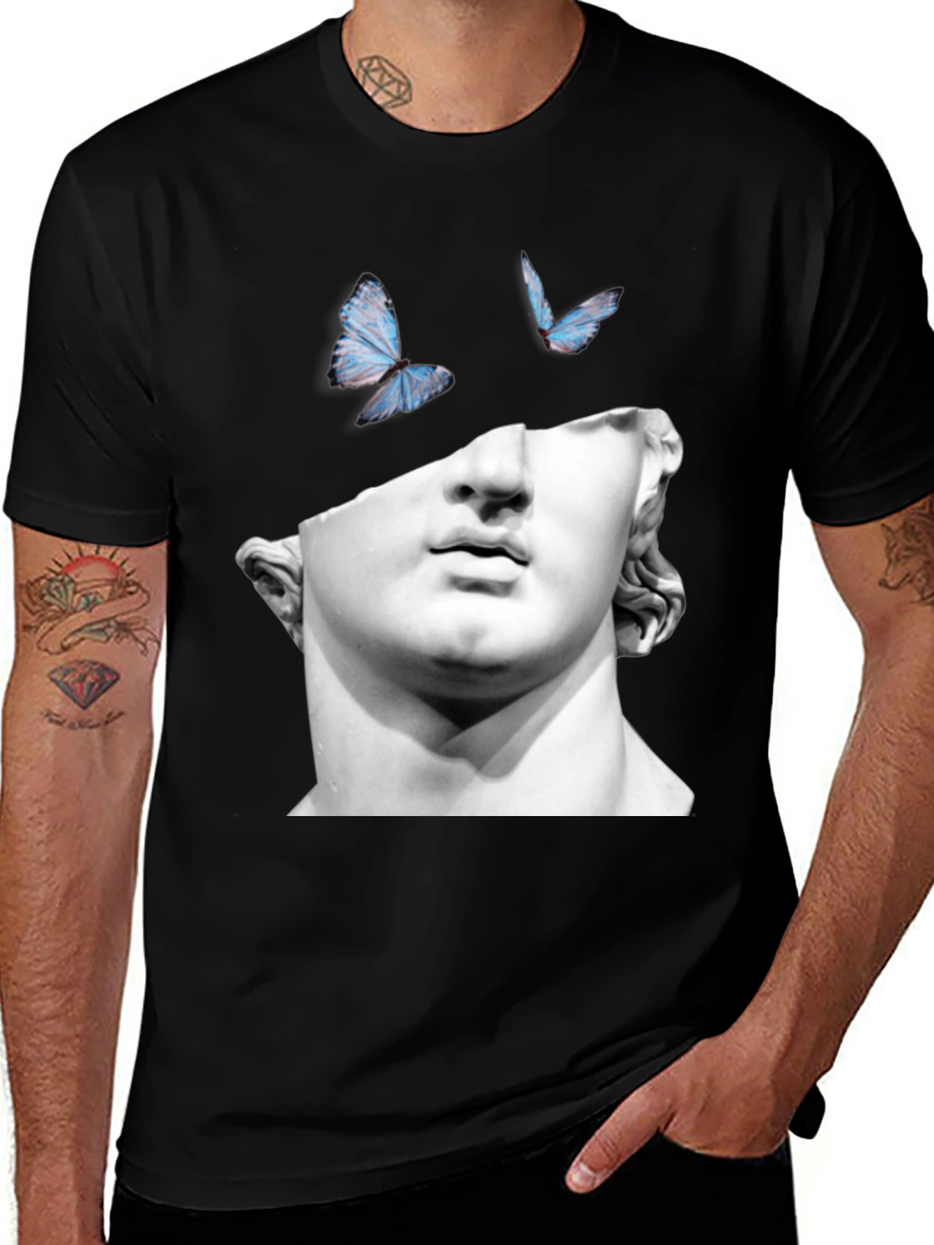 Variant 18 of Statue & Butterfly Graphic Black T-Shirt