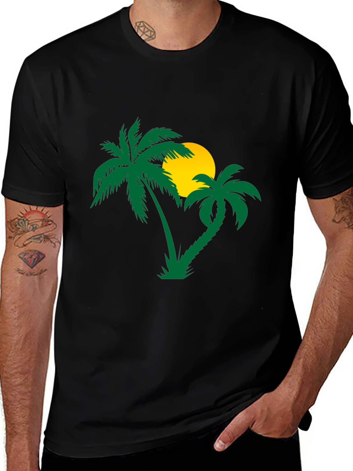 Variant 5 of Tropical Palm Tree Graphic Tee - Black Cotton T-Shirt