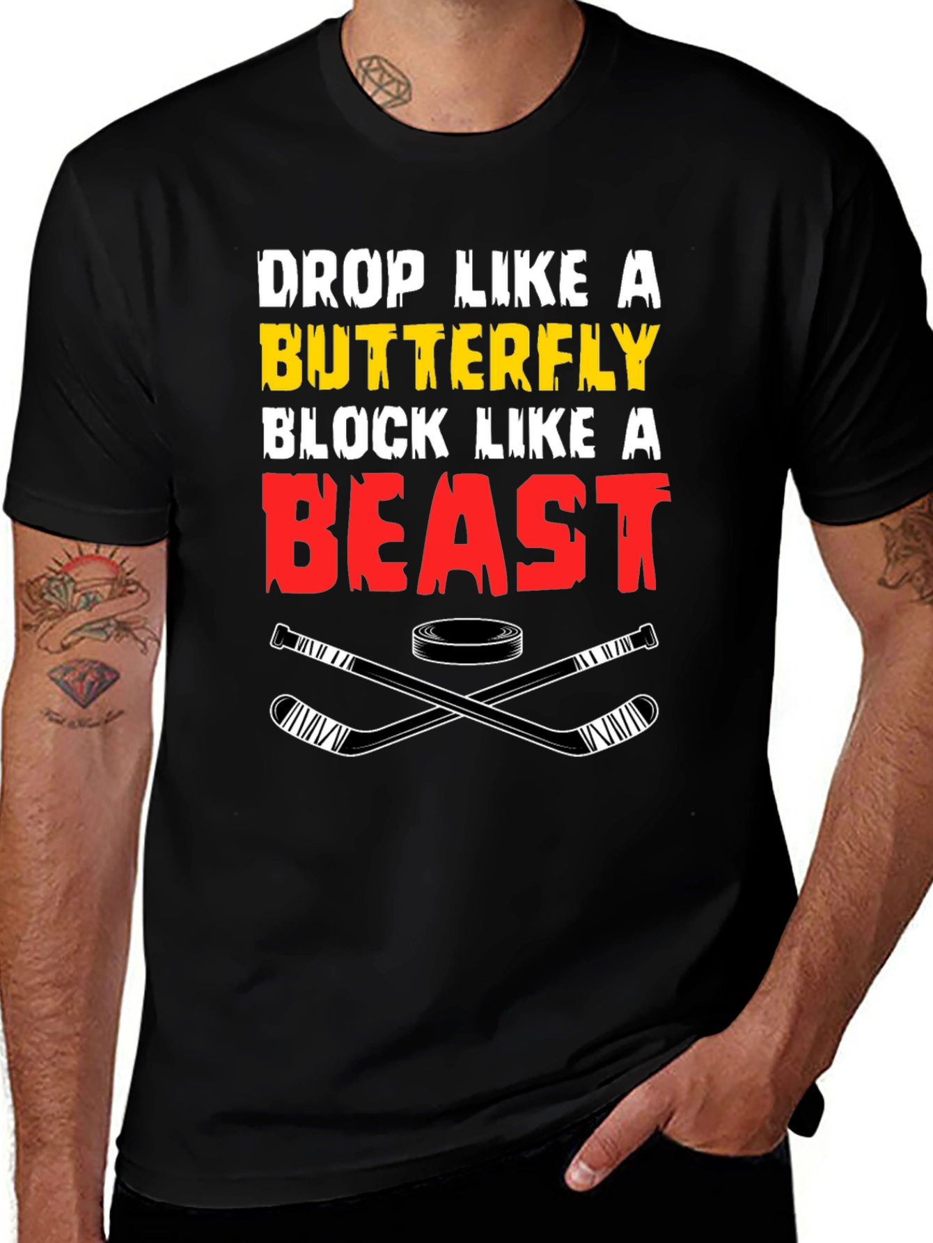 Variant 24 of Hockey T-Shirt - Drop Like A Butterfly, Block Like a Beast