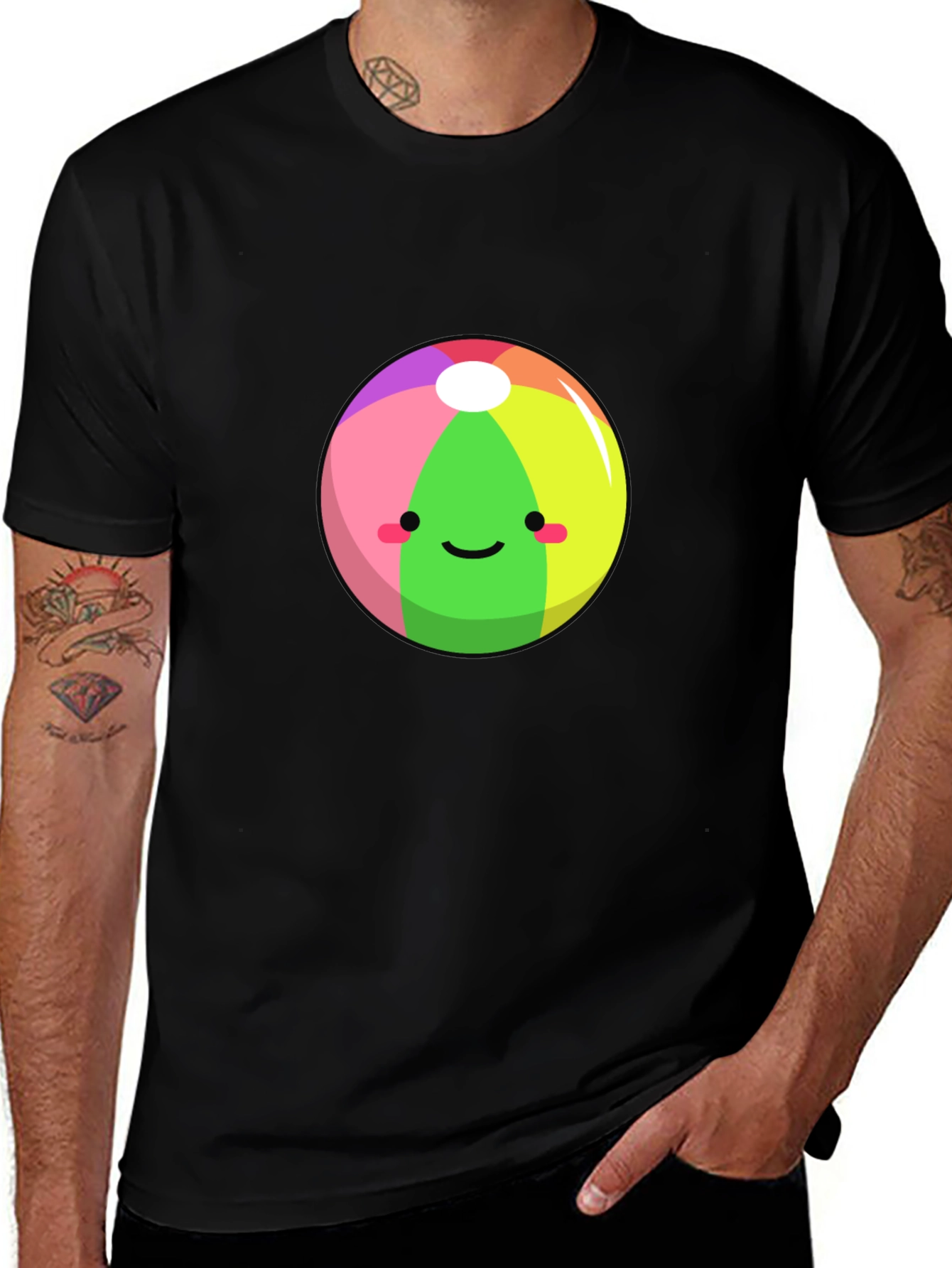 Variant 11 of Kawaii Beach Ball Graphic Tee - Black Cotton T-Shirt