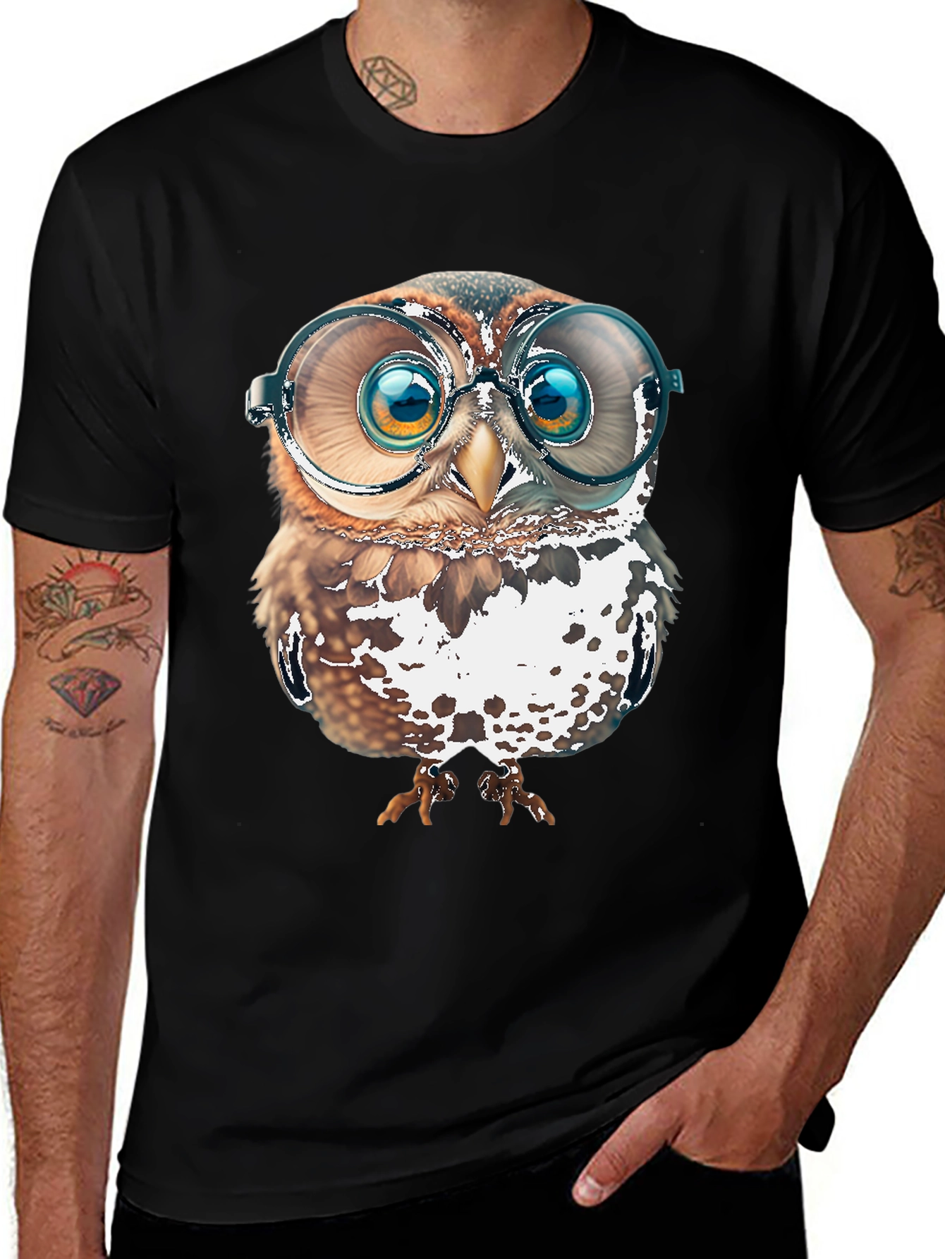 Variant 15 of Owl with Glasses Graphic Tee - Men's Black Cotton T-Shirt