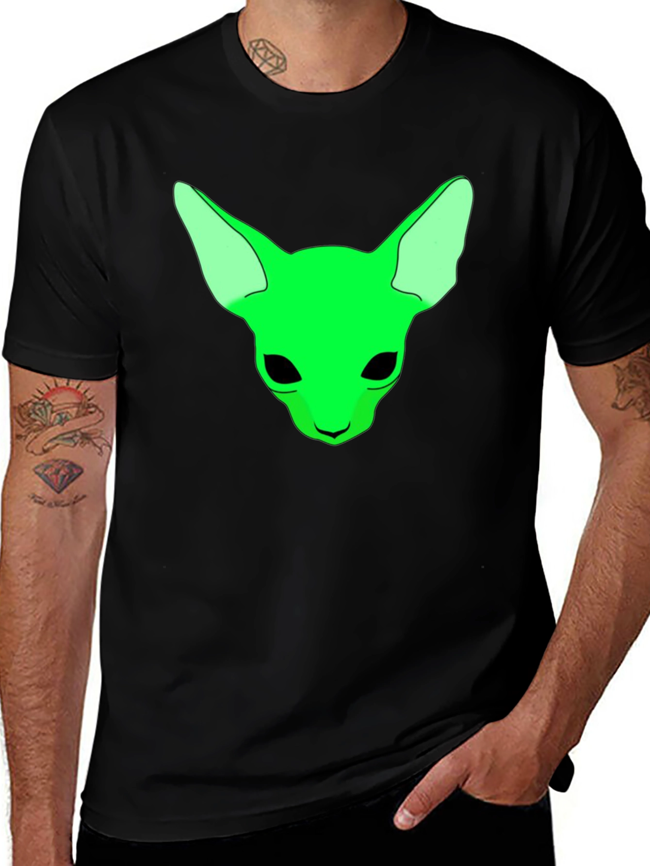 Variant 16 of Green Alien Cat Graphic Tee - Black Cotton T-Shirt