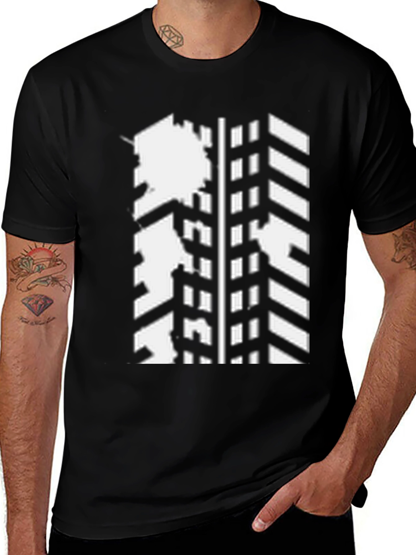 Modern Distressed Tire Track Graphic Black T-Shirt