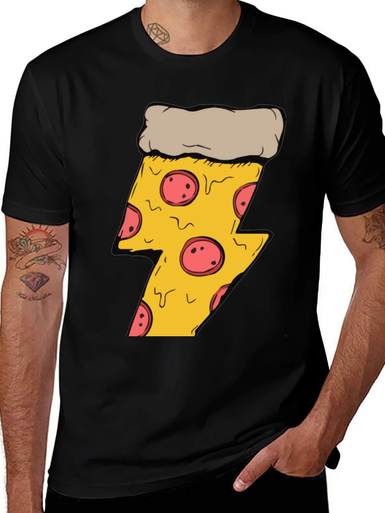 Variant 30 of Pizza Lightning Bolt T-Shirt - Black Cotton Tee