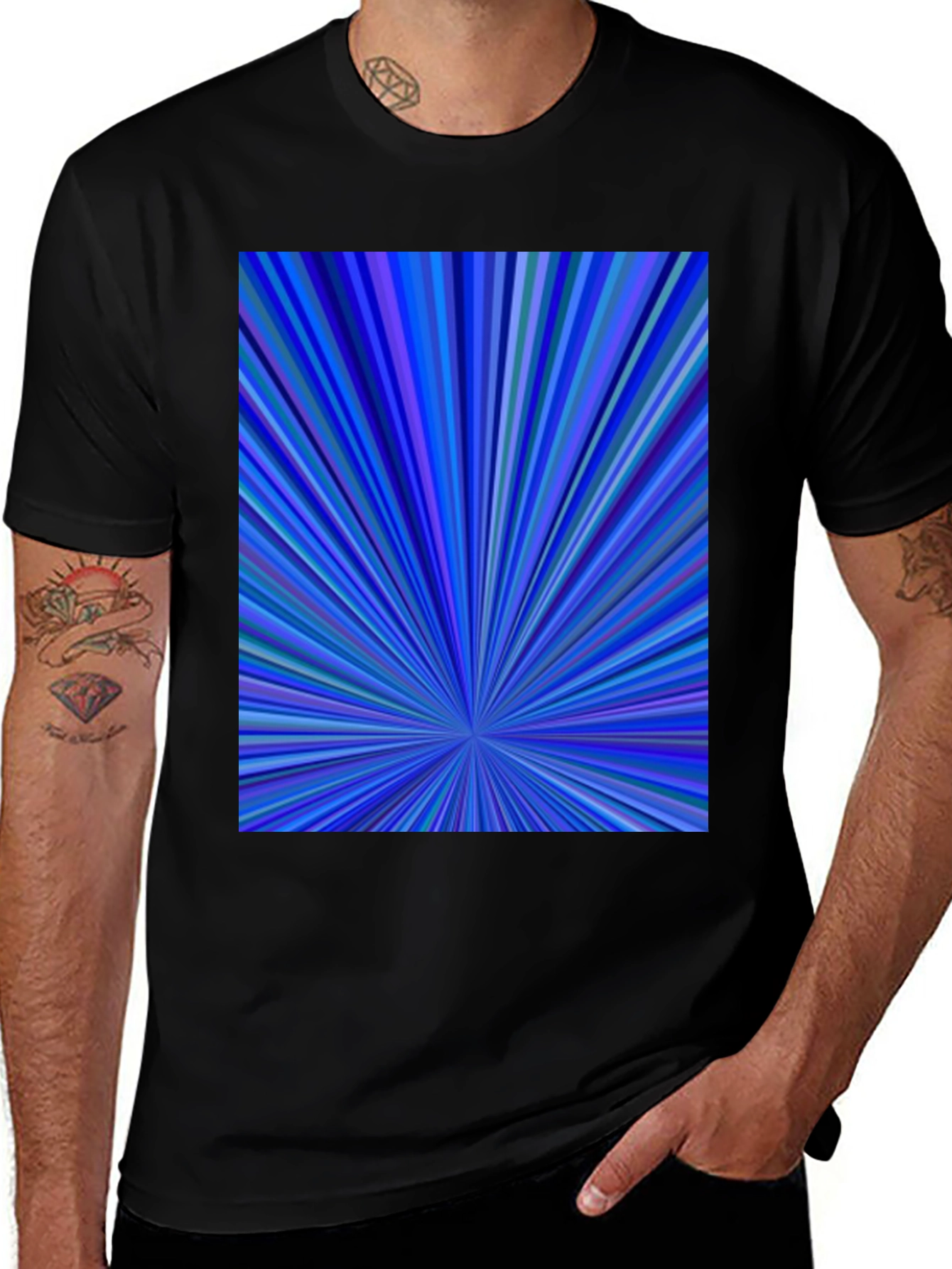 Variant 18 of Blue Radial Burst Design Black T-Shirt