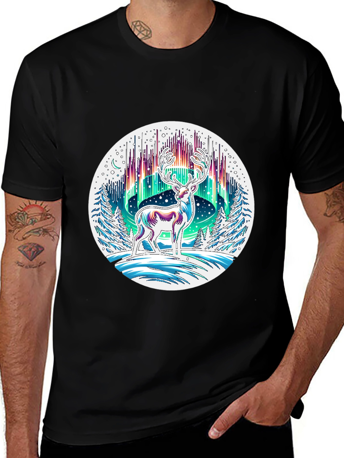 Variant 5 of Northern Lights Reindeer Graphic Tee - Unique Winter Design