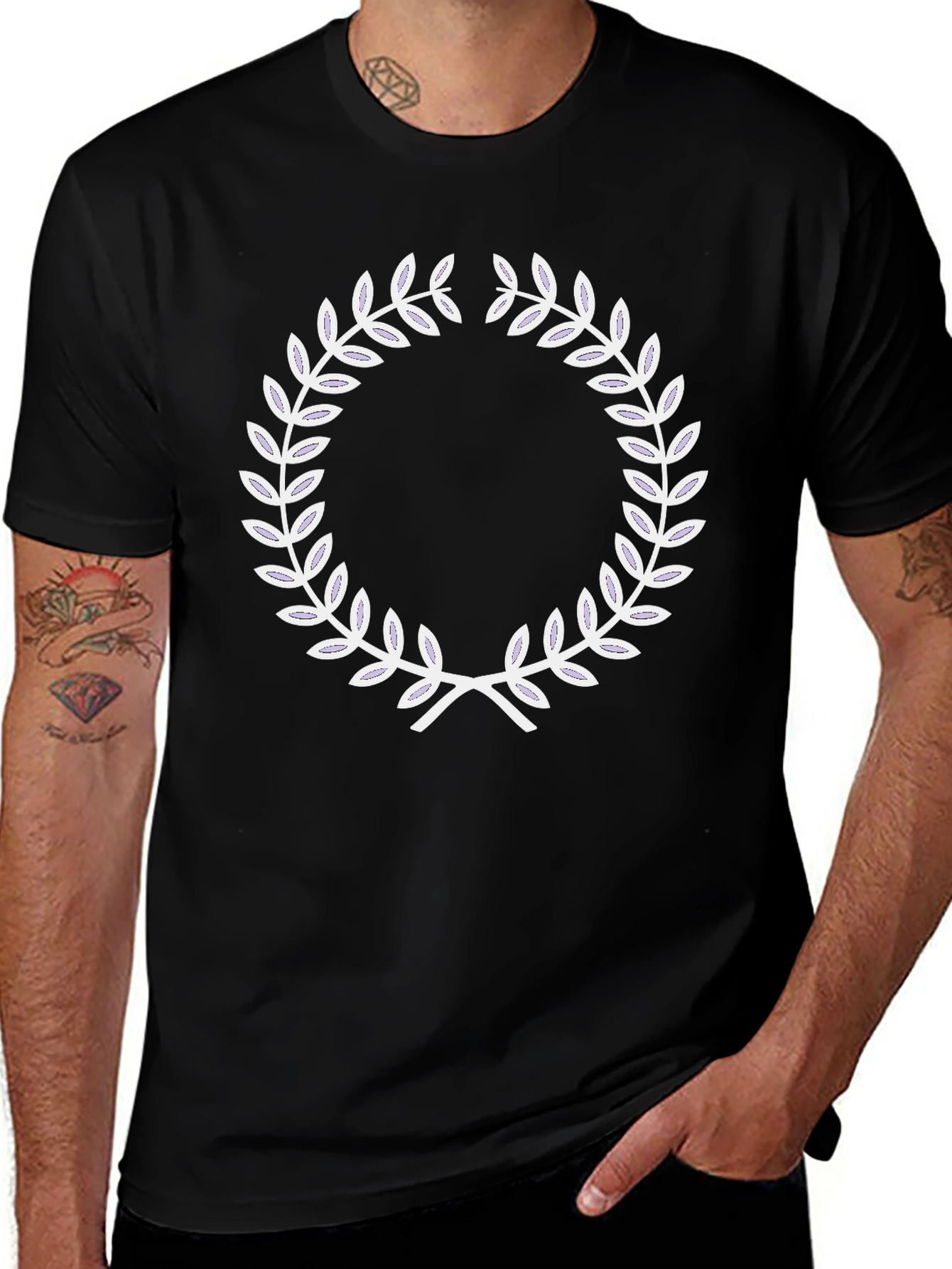 Variant 8 of Black T-Shirt with White Laurel Wreath Design