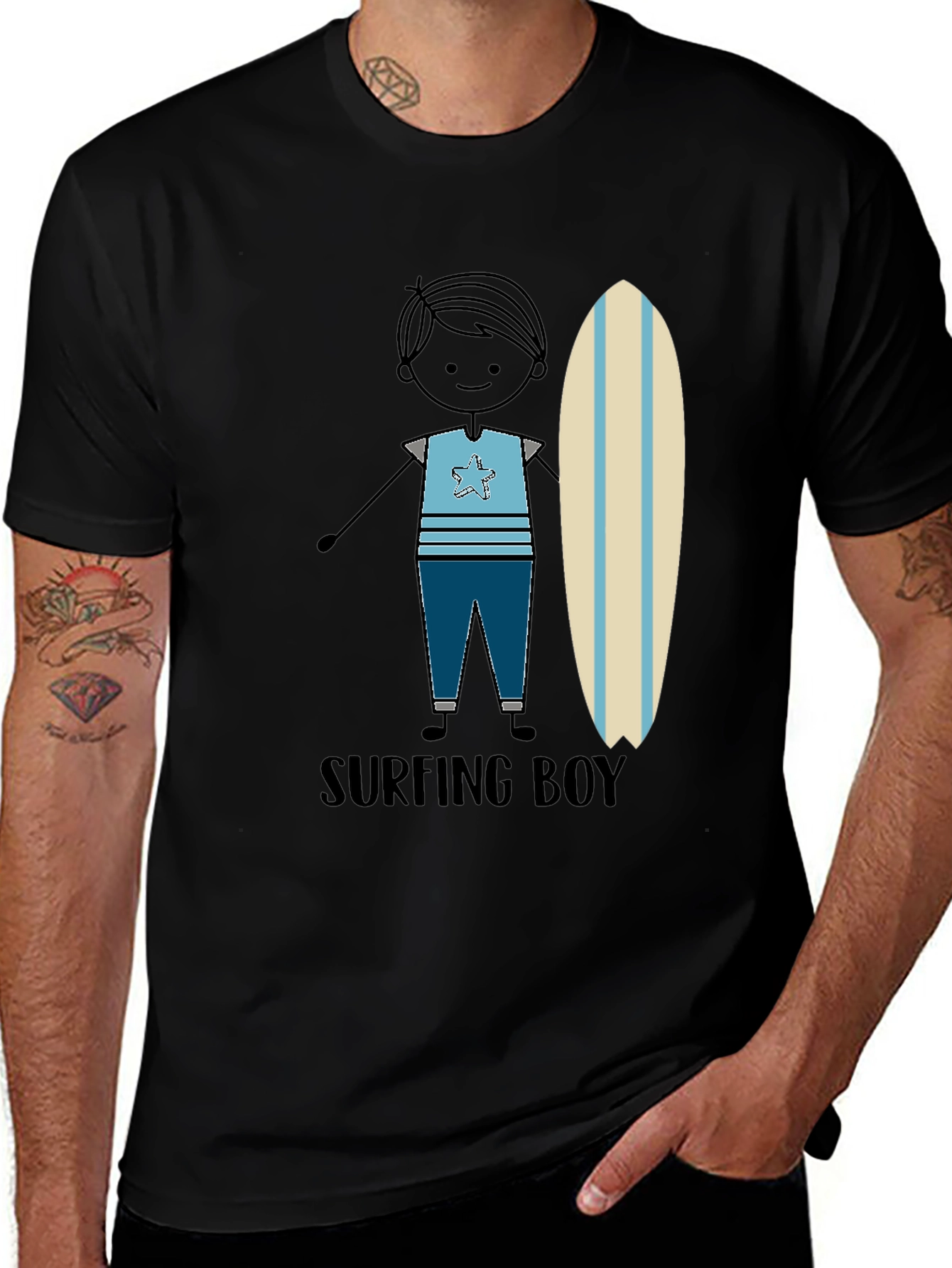 Variant 10 of Surfing Boy Graphic Tee - Black Cotton T-Shirt