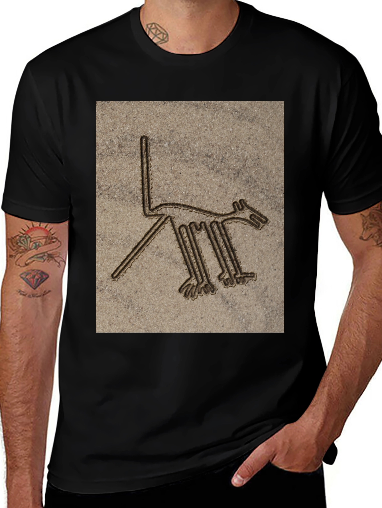 Nazca Lines Dog Graphic T-Shirt - Black Cotton Tee