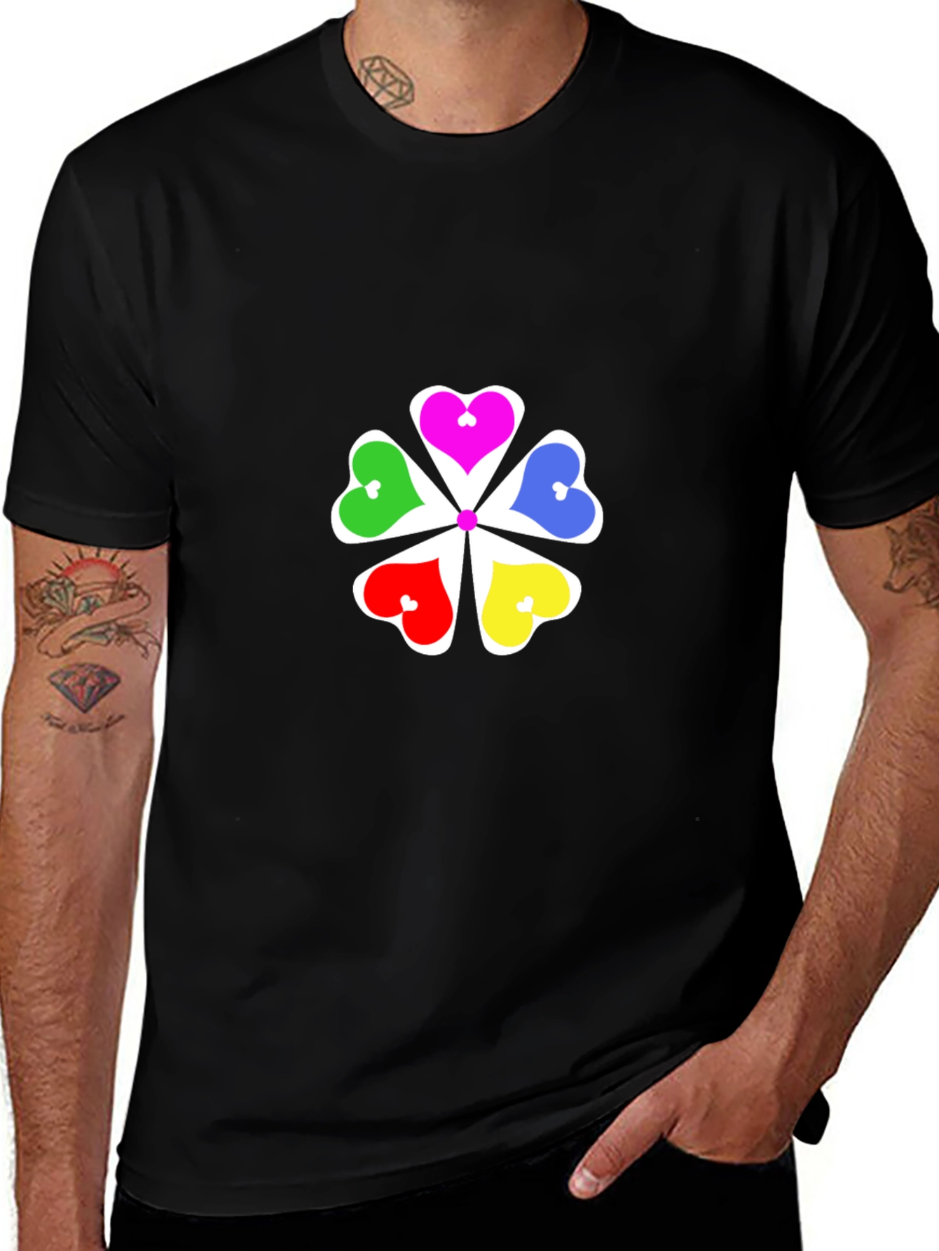Variant 4 of Colorful Hearts Flower Graphic T-Shirt - Black
