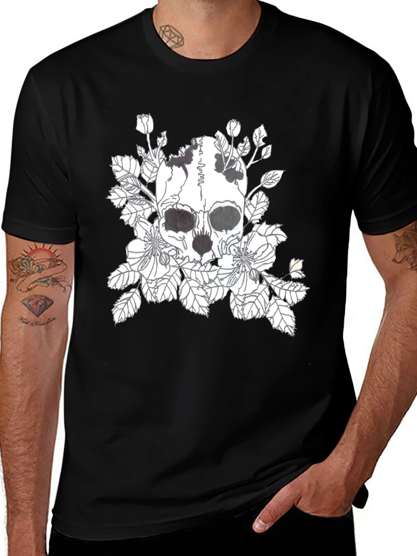 Variant 5 of Skull & Floral Graphic Print Black T-Shirt