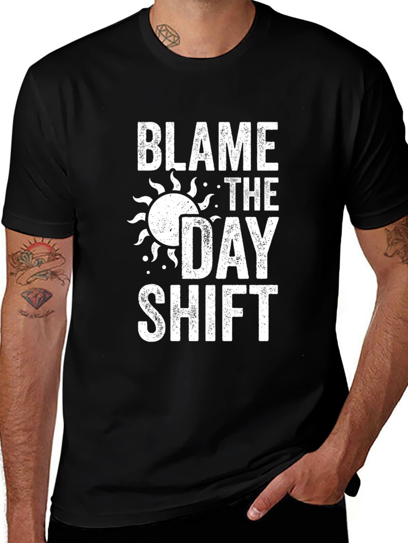 Variant 12 of Blame the Day Shift Graphic Tee - Black Cotton T-Shirt