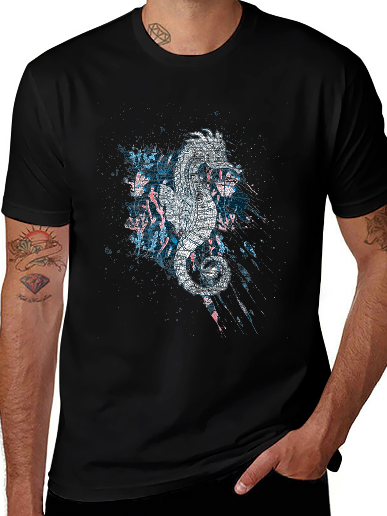 Variant 8 of Abstract Seahorse Graphic Print Black T-Shirt