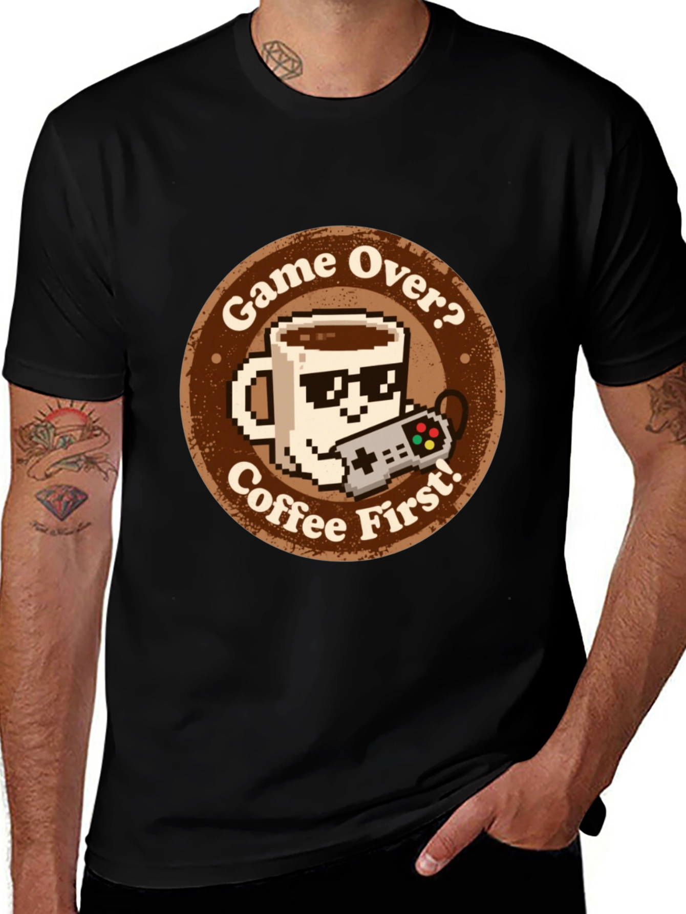 Black Game Over? Coffee First! Graphic Tee main image