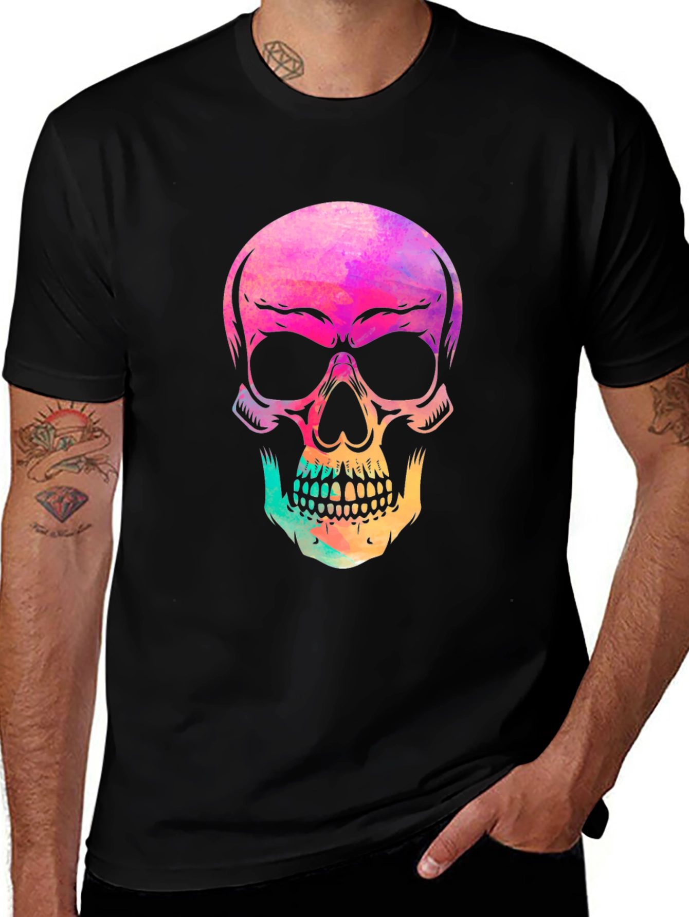 Variant 22 of Skull Graphic Tee - Vivid Watercolor Design on Black