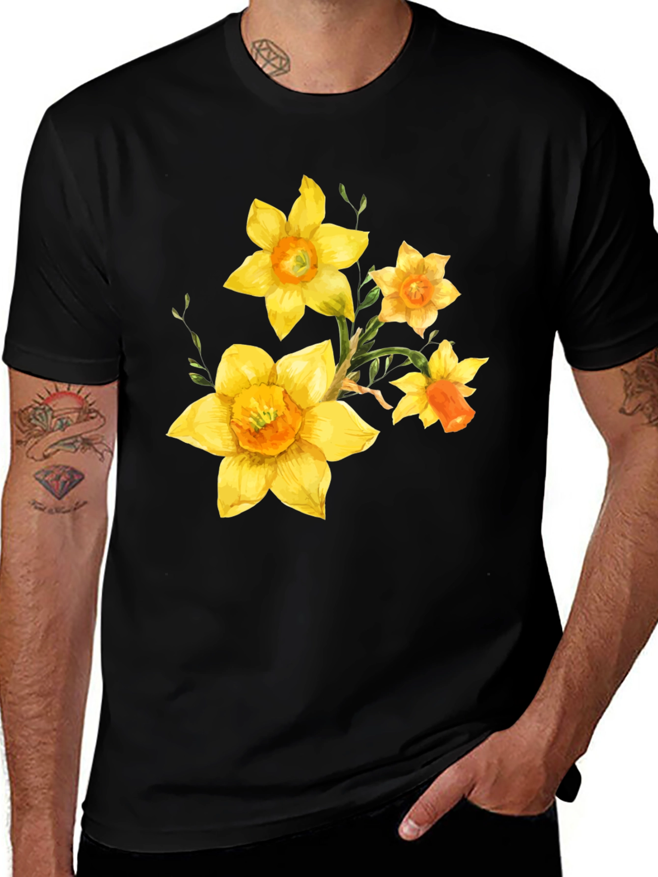 Variant 27 of Floral Daffodil Graphic Tee - Men's Black T-Shirt
