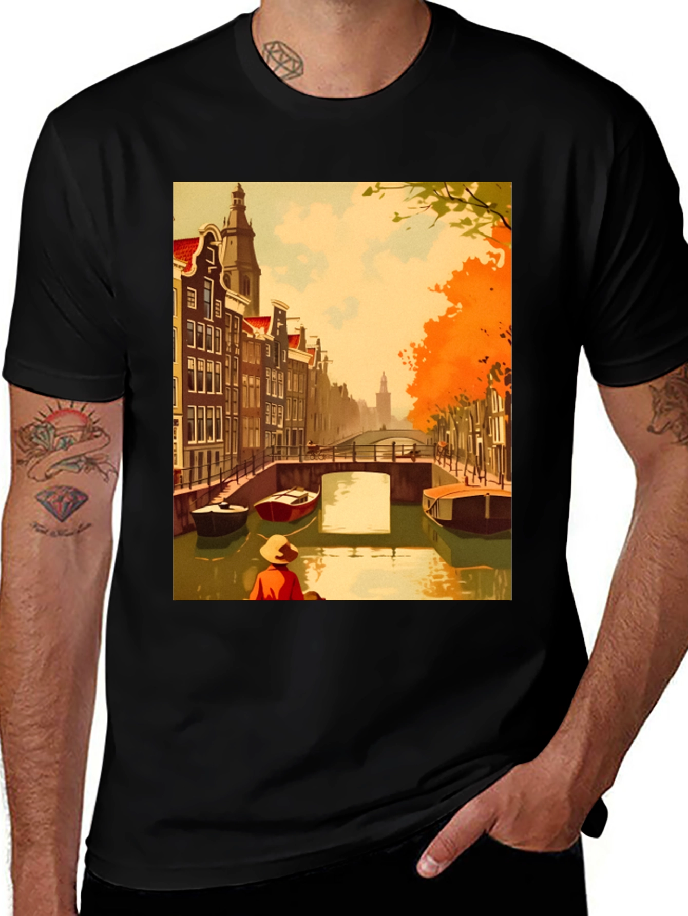 Amsterdam Canal Art Print Black T-Shirt