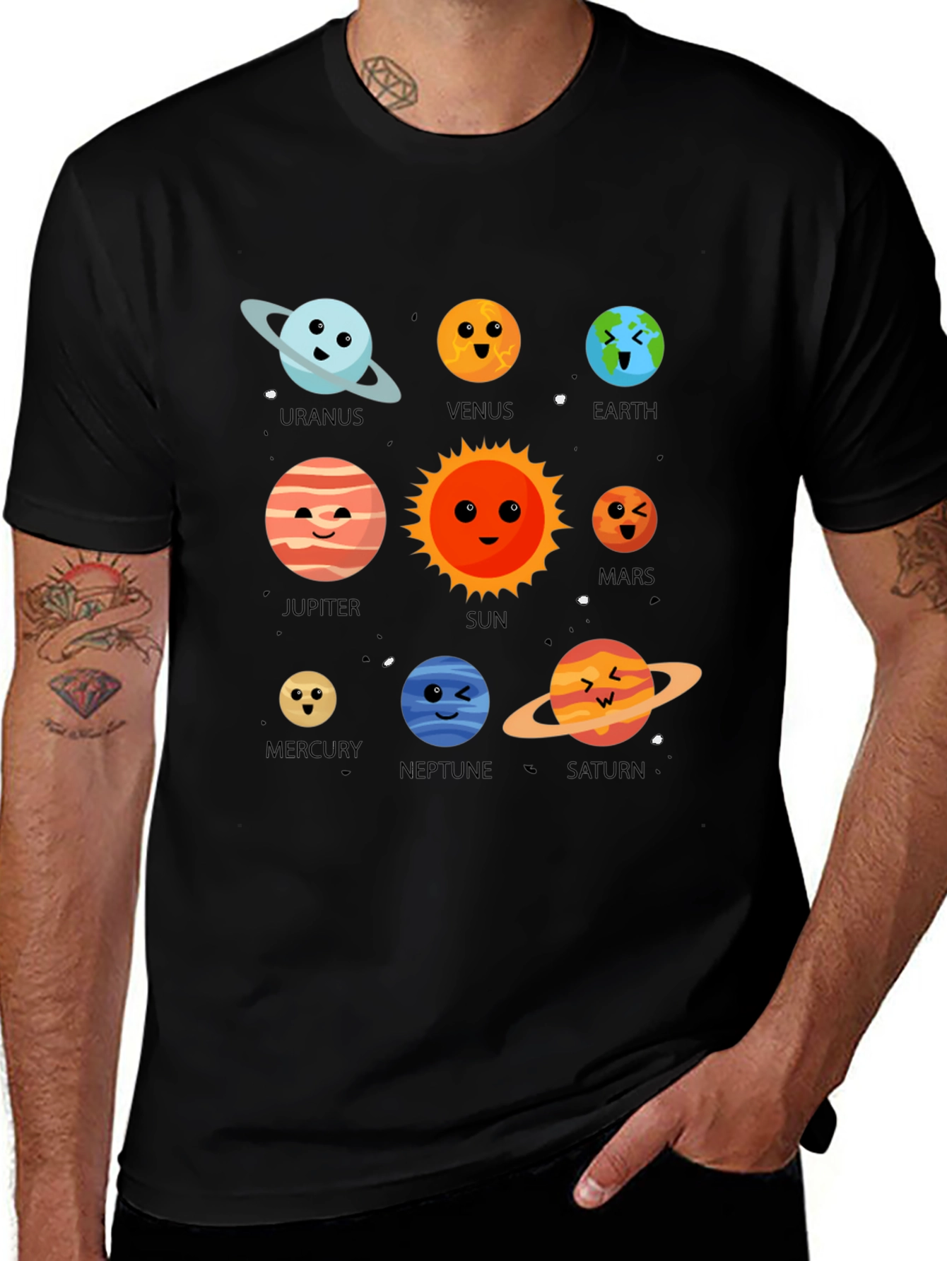 Cartoon Planets Graphic Print Black T-Shirt