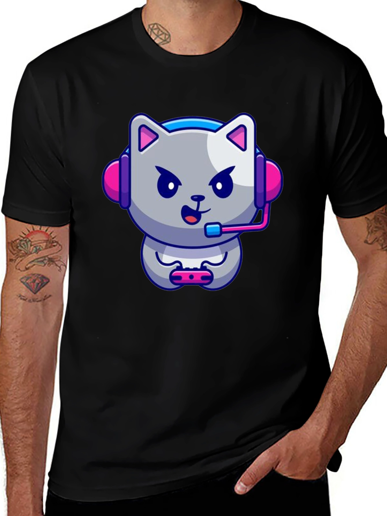 Variant 30 of Gamer Cat Graphic Tee - Black Cotton T-Shirt