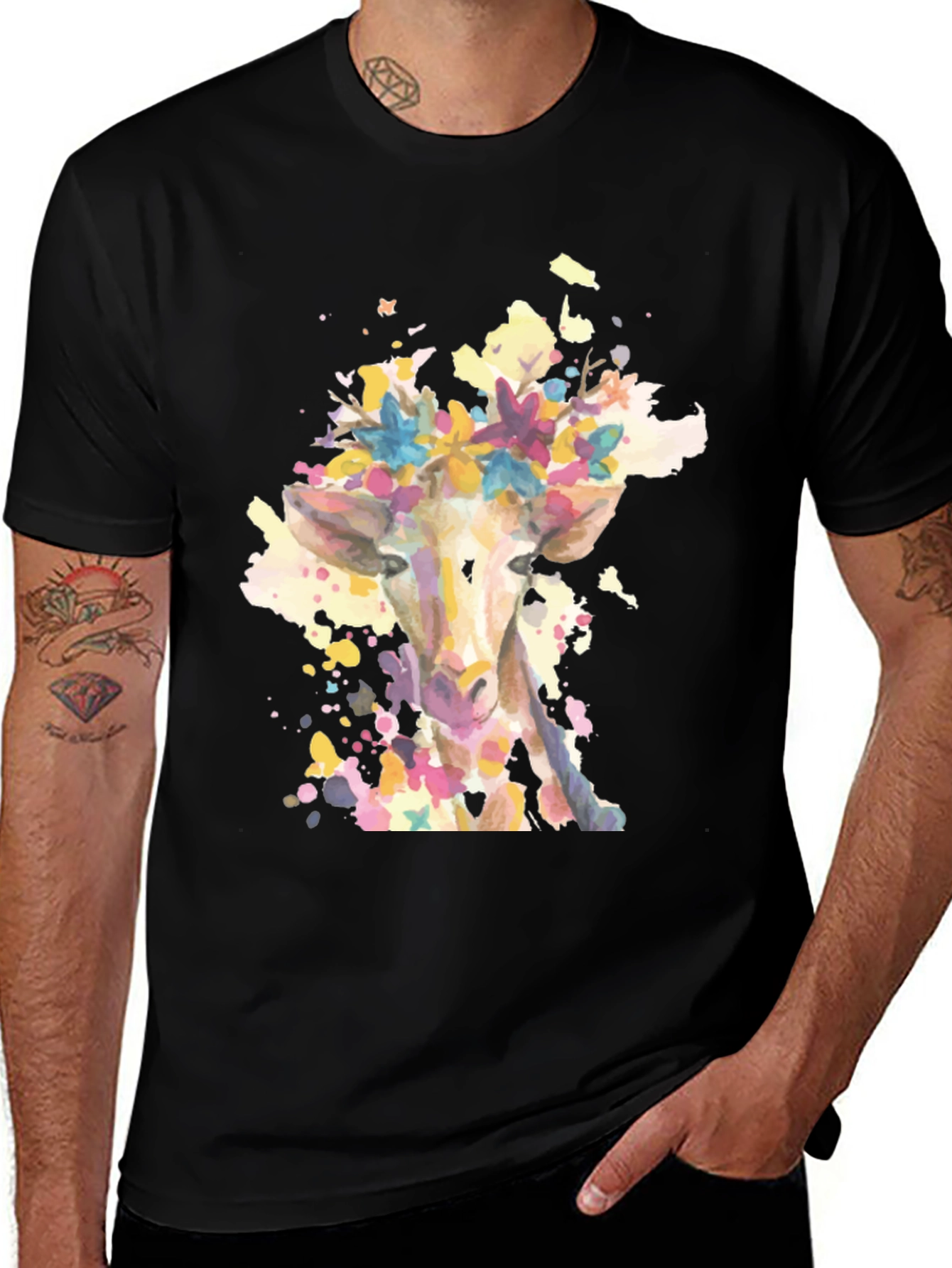 Variant 10 of Giraffe Floral Watercolor Black T-Shirt