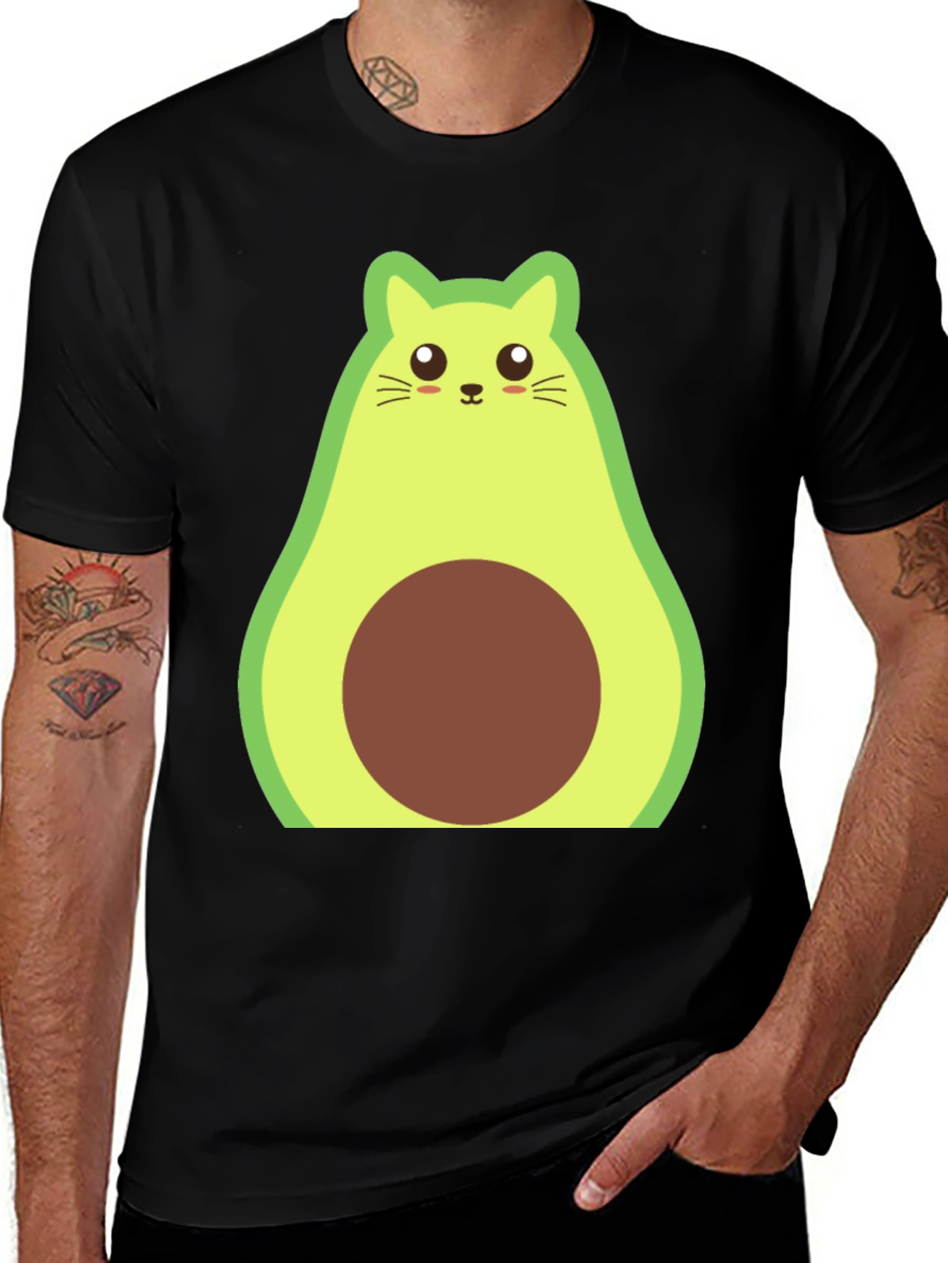 Variant 9 of Avocado Cat Graphic Tee - Men's Black T-Shirt