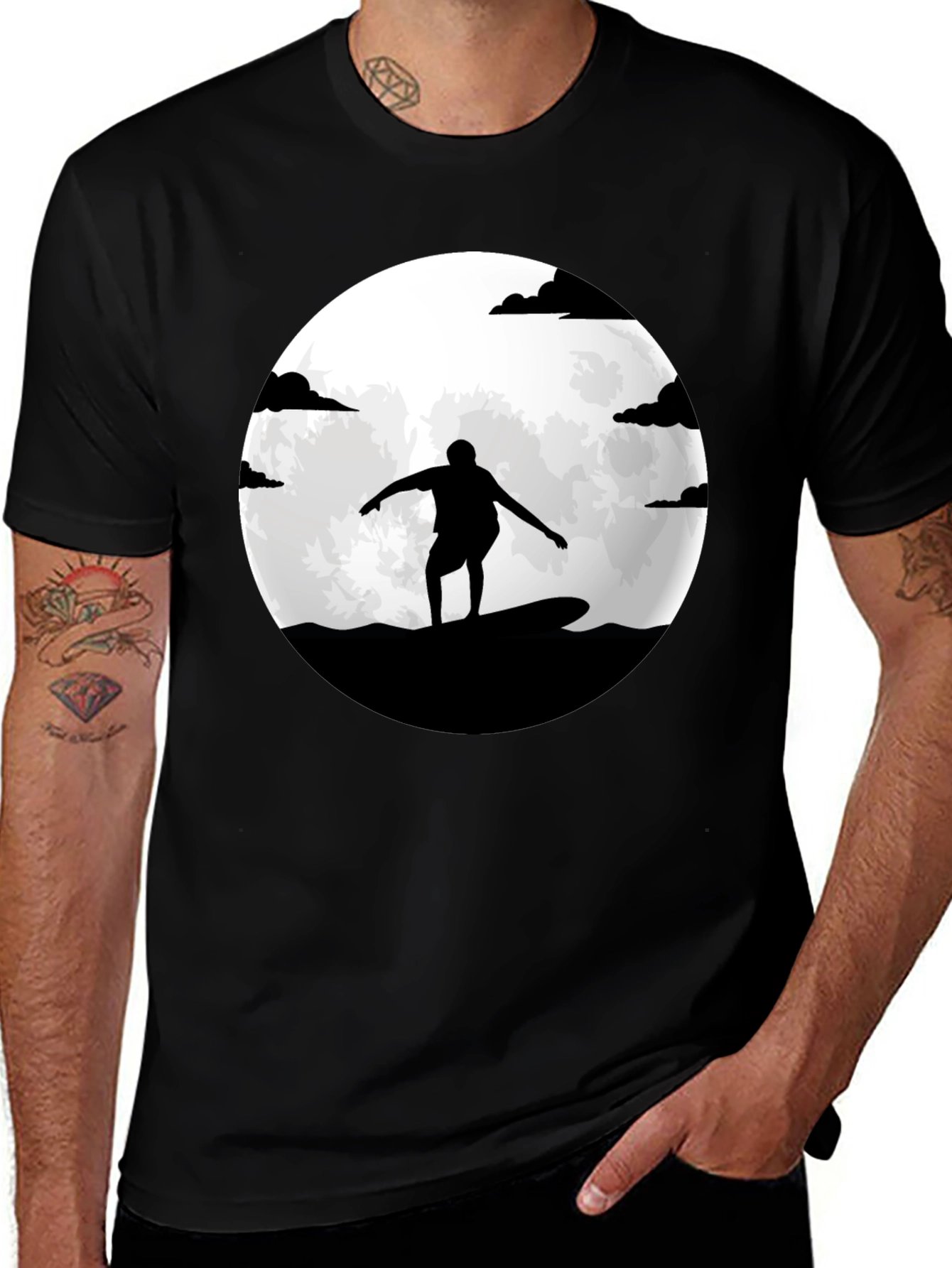 Variant 23 of Surfer Silhouette Moon Graphic Tee - Black