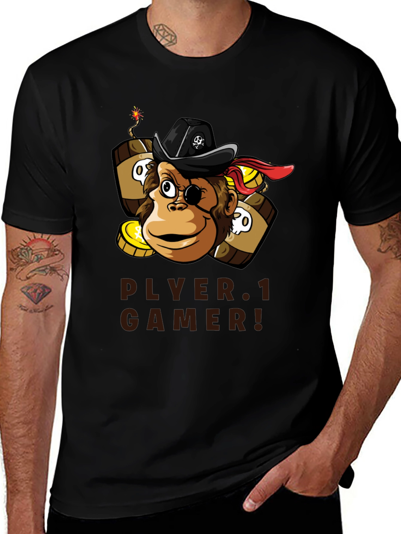 Variant 9 of Pirate Monkey Gamer T-Shirt - Black Cotton Tee