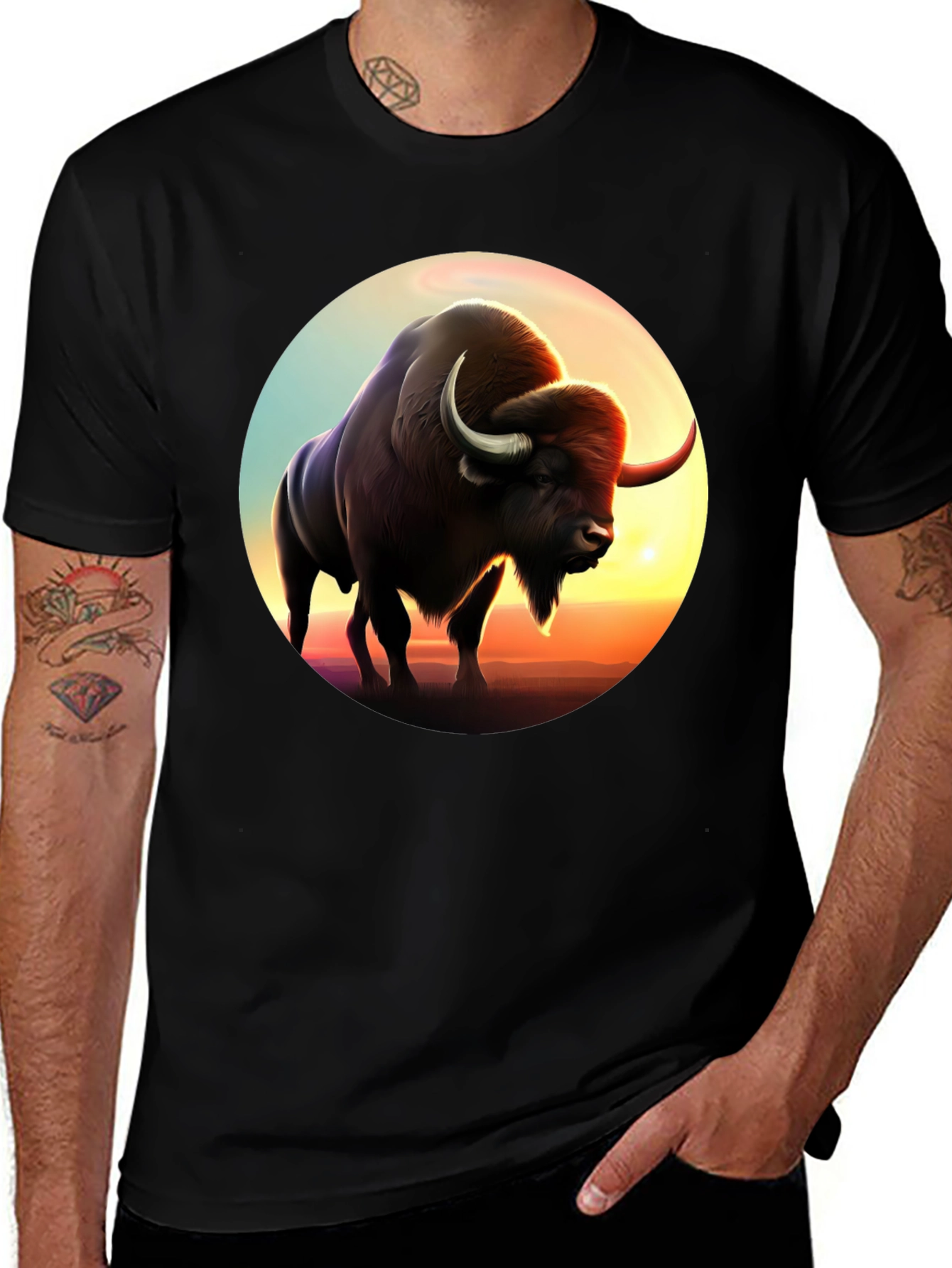 Variant 10 of Bison Sunset Graphic Tee - Black Cotton