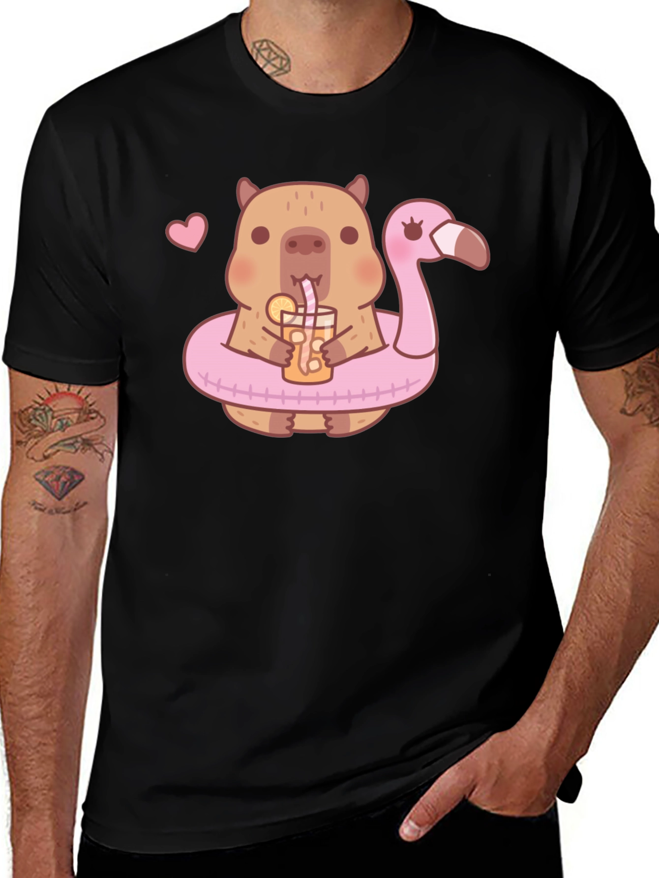 Variant 11 of Cute Capybara Flamingo Drink Graphic T-Shirt