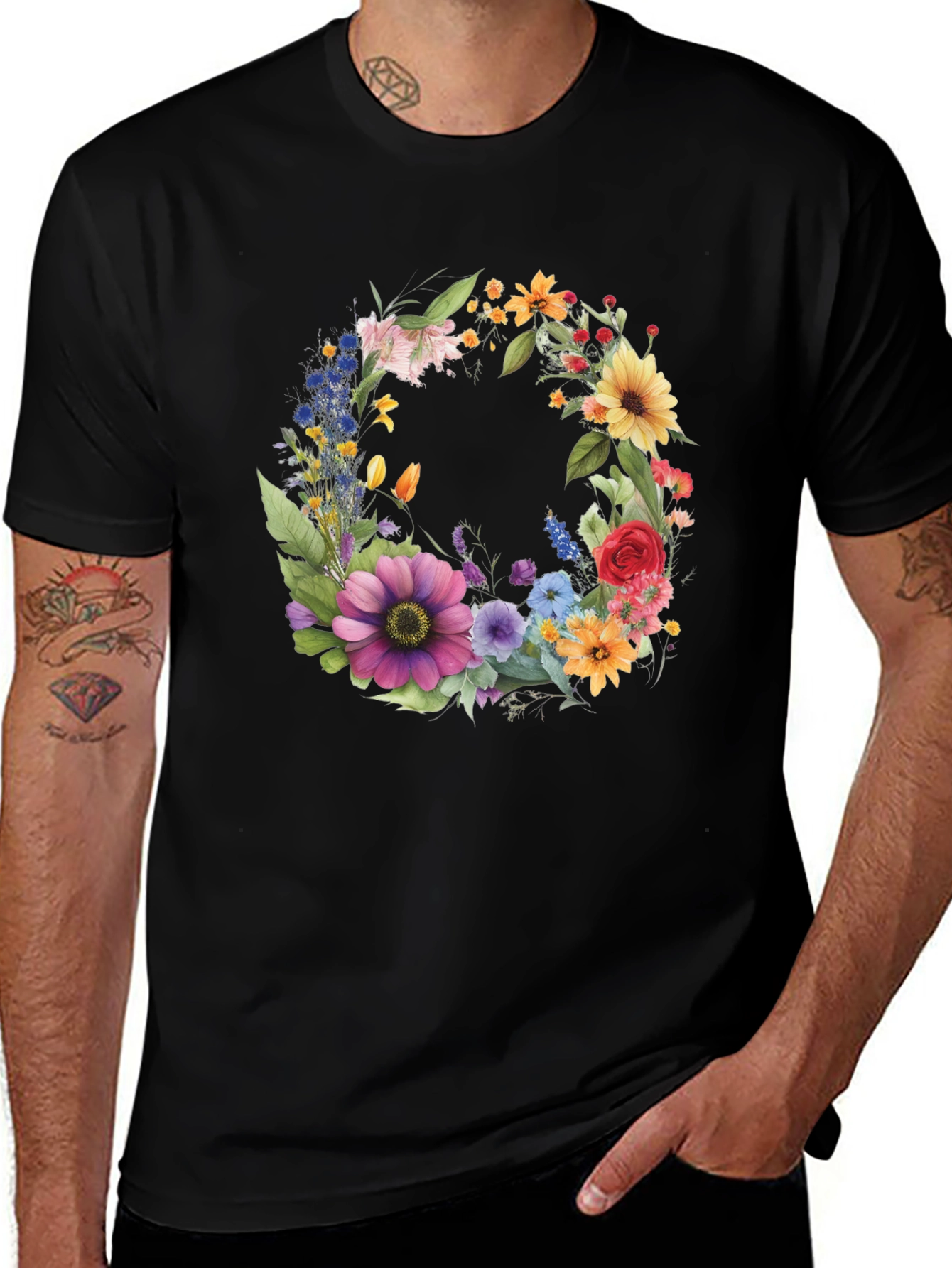 Variant 20 of Floral Wreath Graphic Tee - Stylish Black T-Shirt